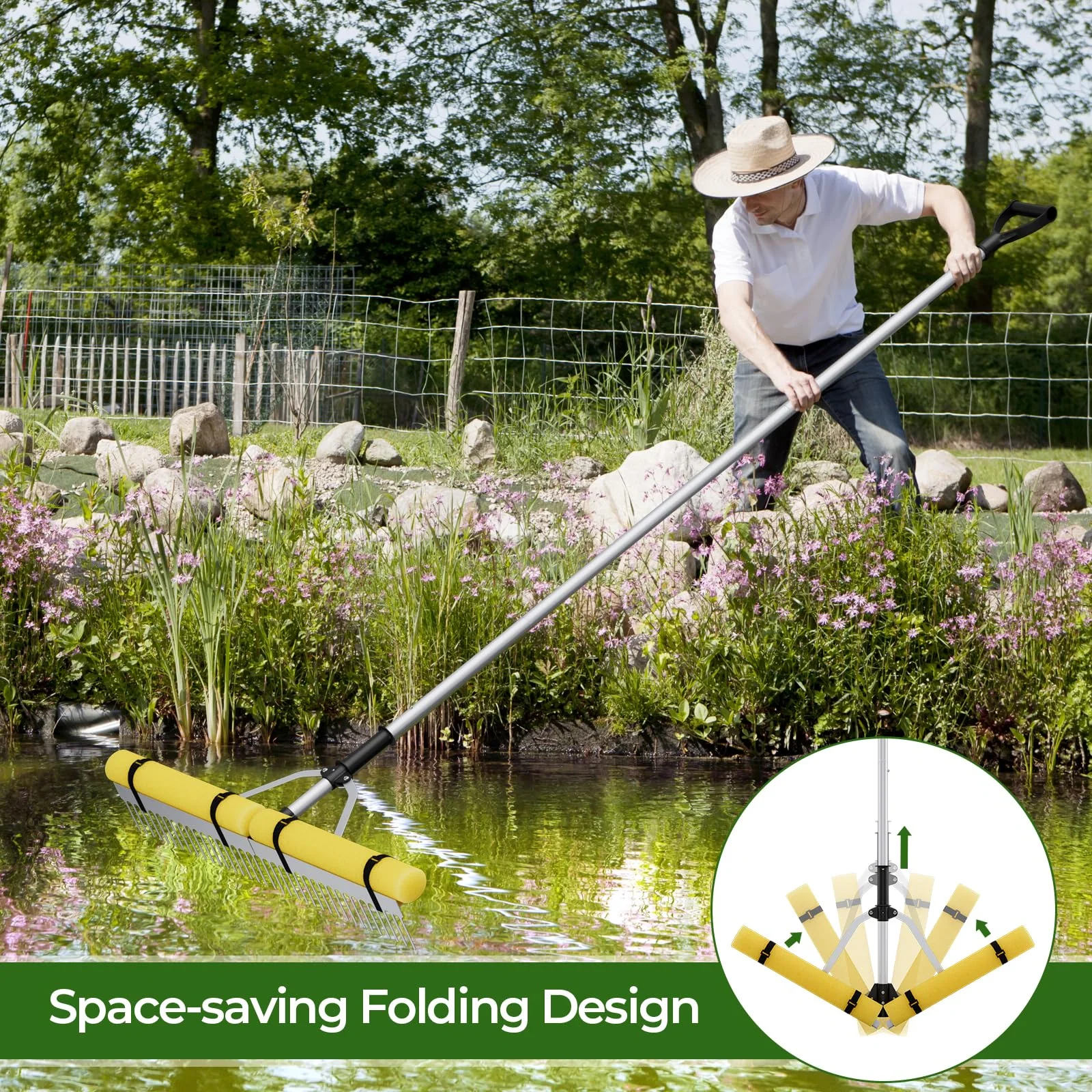 Goplus 36 Inch Pond Rake, Floating Lake Weed Rake Aluminum Collapsible Rake W/ Extension Handle - Image 4