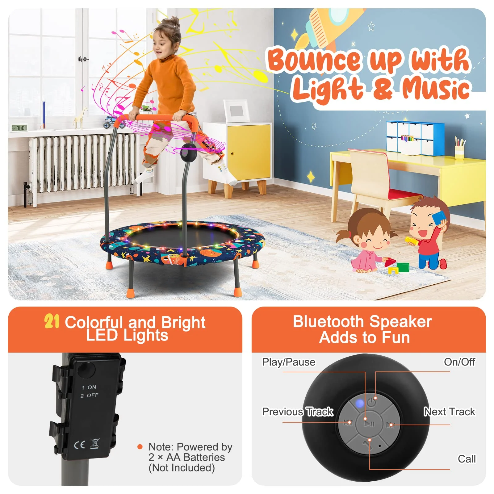 Goplus 36" Trampoline for Kids, Mini Toddler Trampoline with LED Lights, Bluetooth Speaker - Image 3