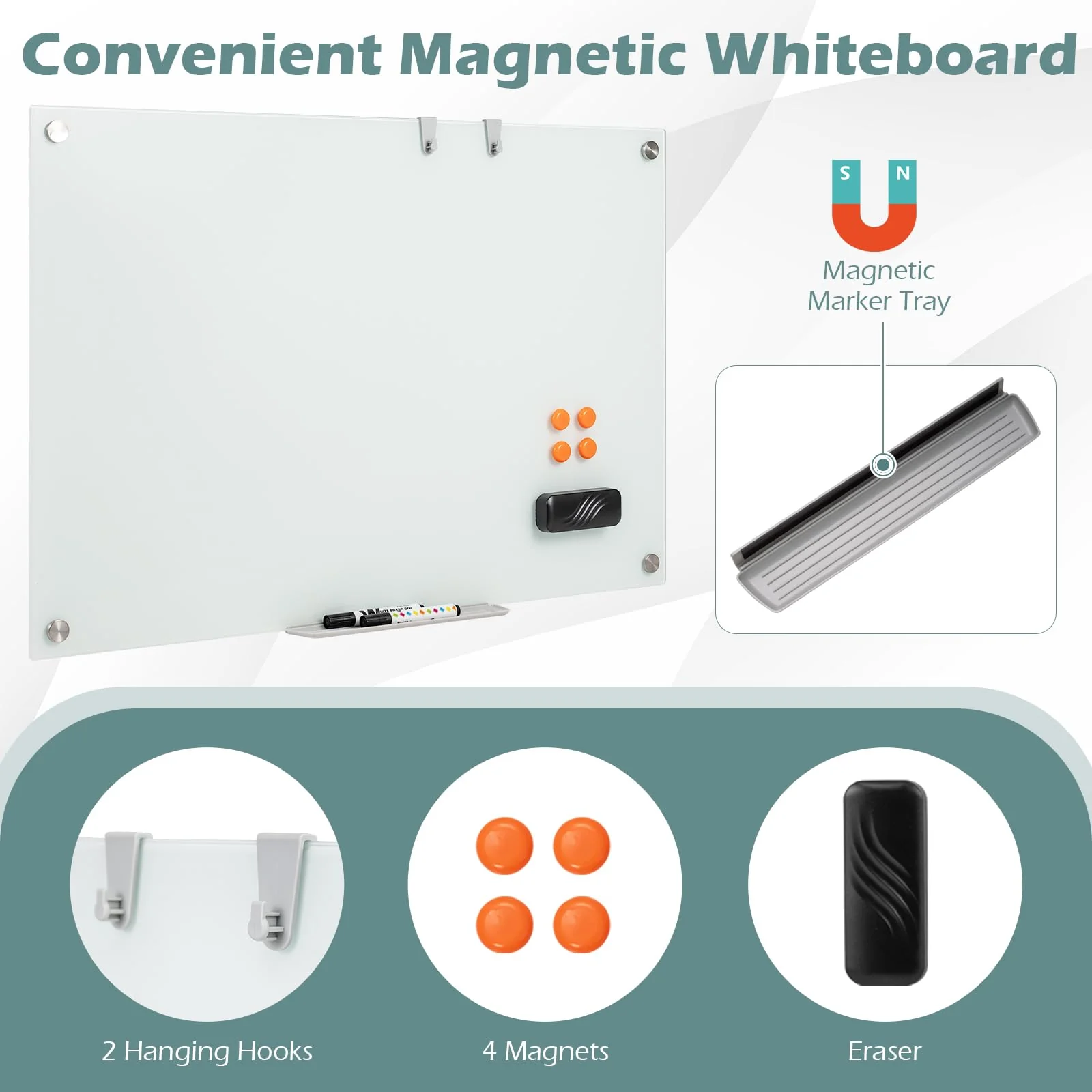 Goplus 36" x 24" Magnetic Glass Whiteboard Dry Erase Board with Eraser - Image 3