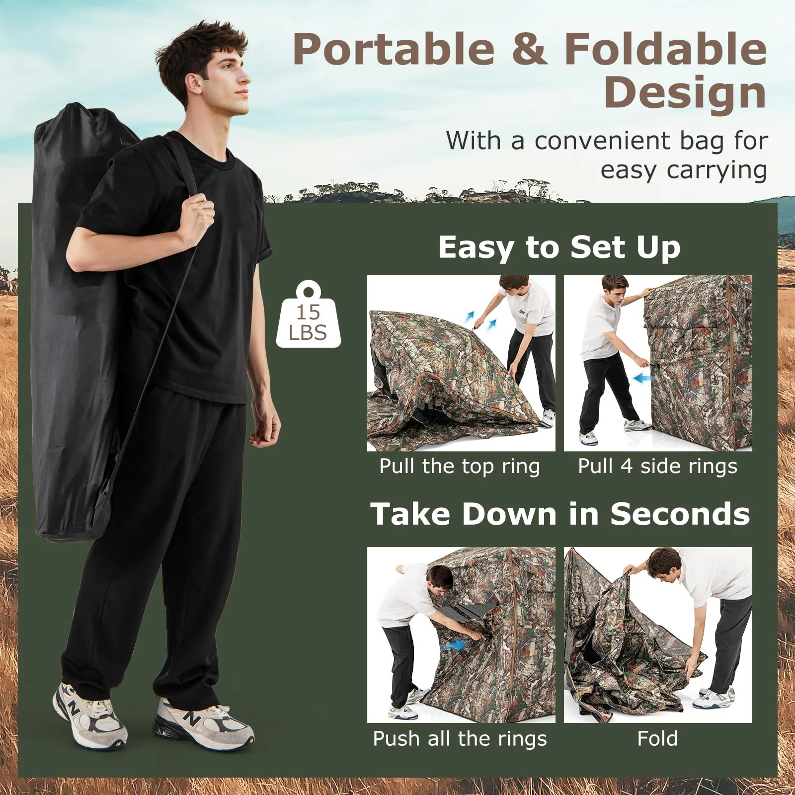 Goplus 360 Degree See-Through Hunting Blind w/Full-Open Door, Carrying Bag, 2-3 Person Ground Blind for Deer Turkey Hunting - Image 4