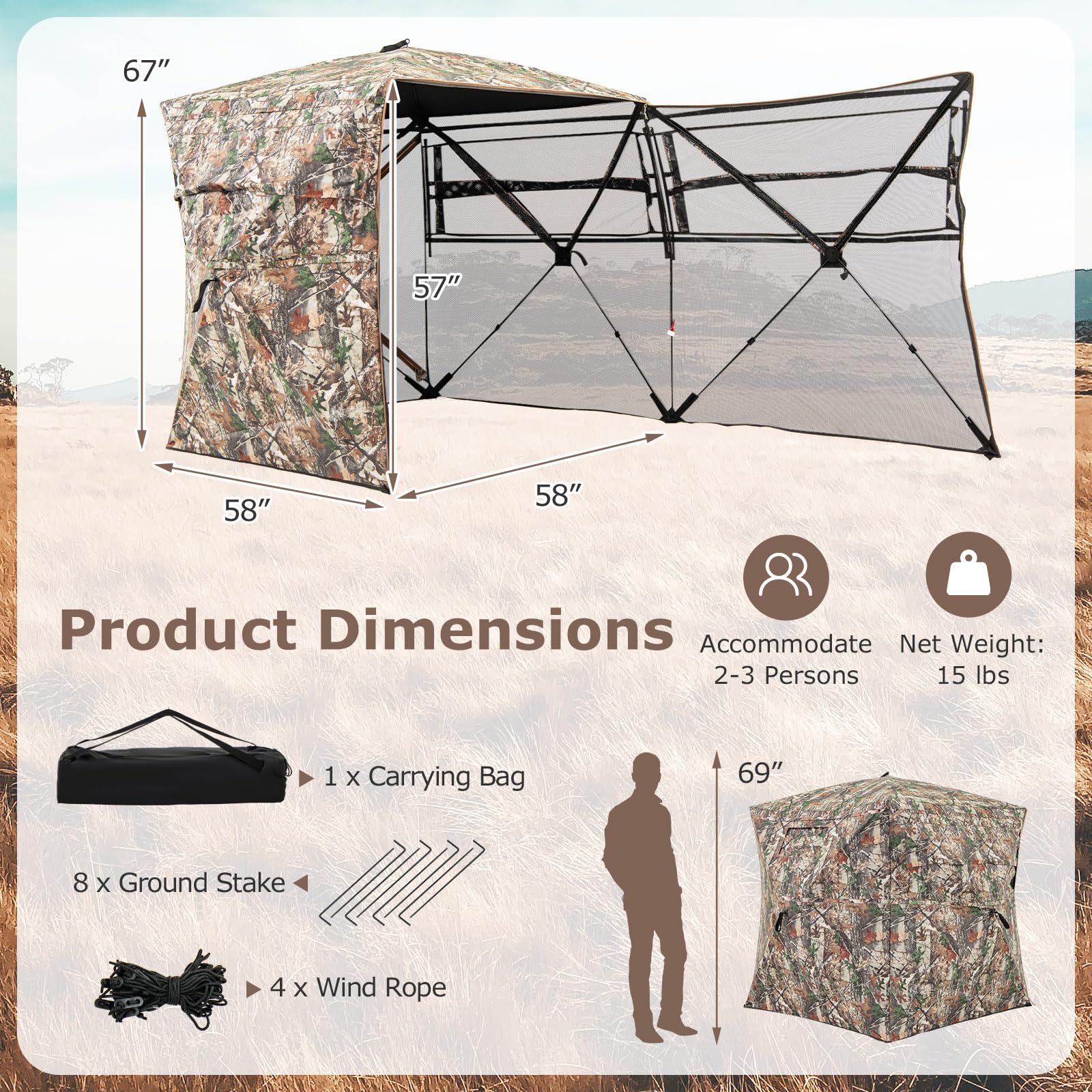 Goplus 360 Degree See-Through Hunting Blind w/Full-Open Door, Carrying Bag, 2-3 Person Ground Blind for Deer Turkey Hunting - Image 6