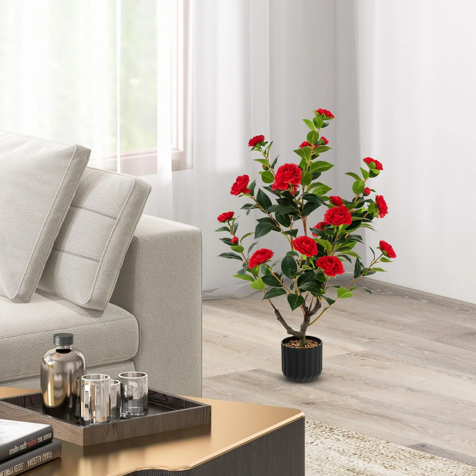 Goplus 38" Artificial Camellia Tree Flower Plants Artificial Tree - Image 3