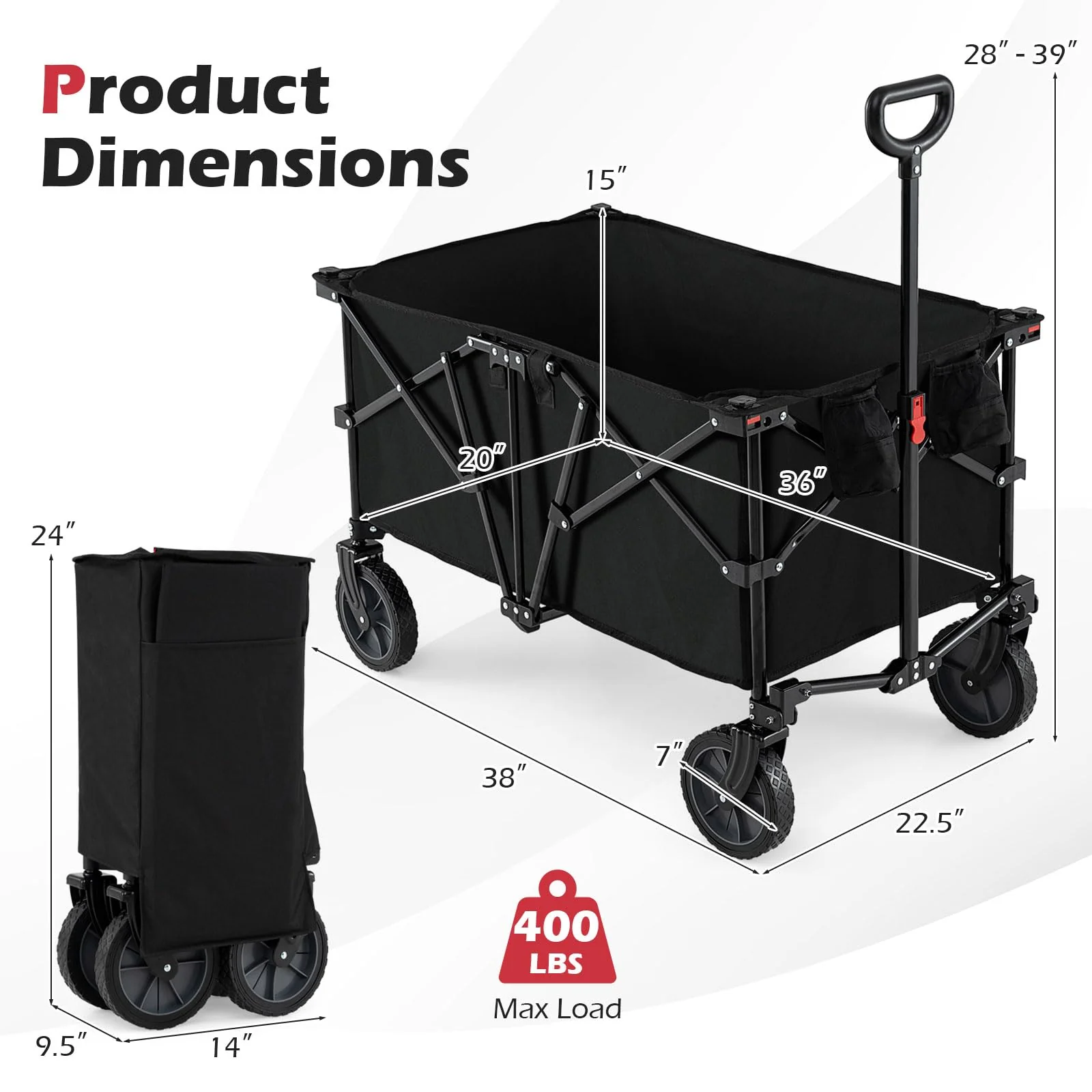 Goplus 38" Collapsible Wagon Cart with All-Terrain Wheels & 2 Cup Holders - Image 7
