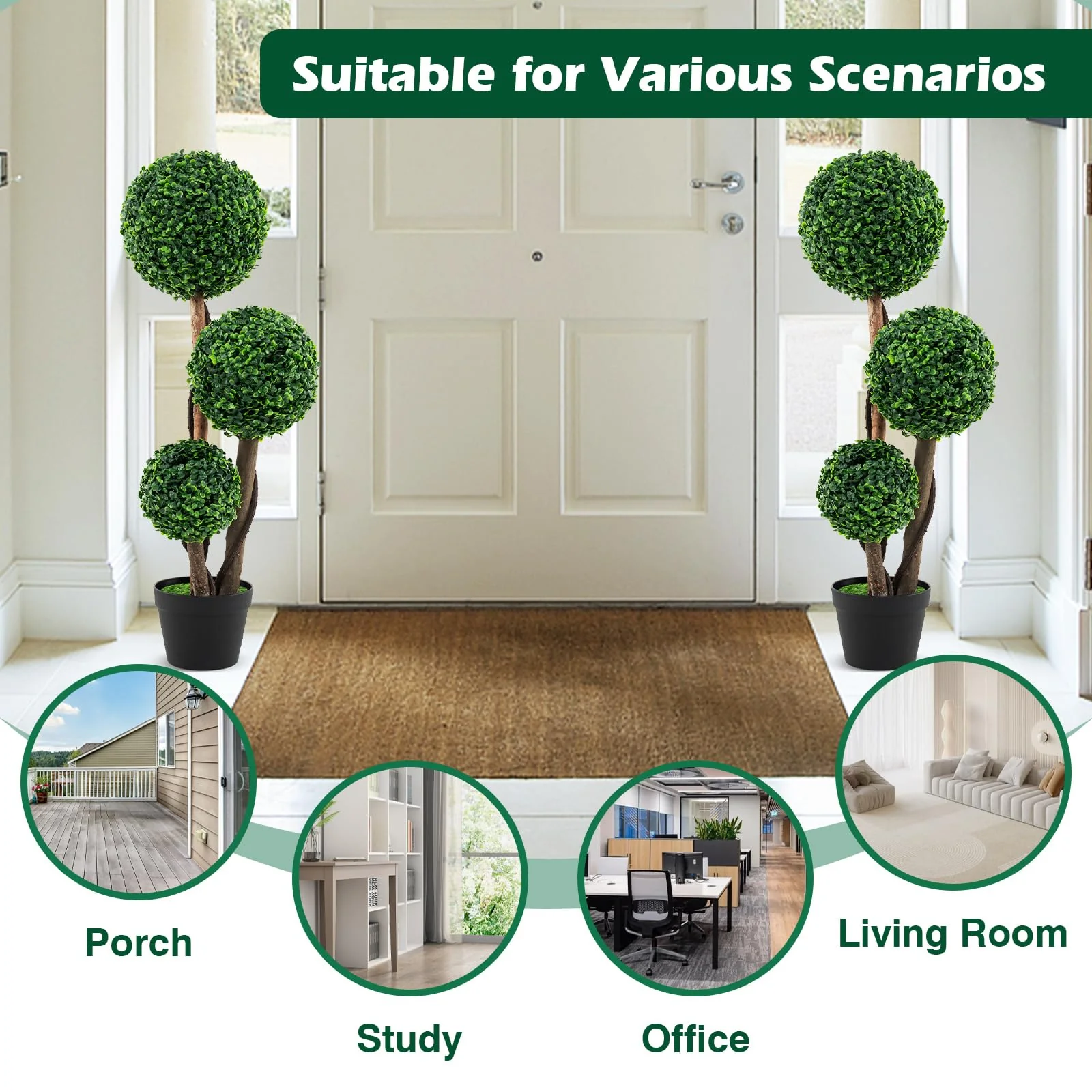 Goplus 3ft Artificial Boxwood Topiary Ball Tree, Faux Potted Plants with Solid Wood Trunks - Image 2