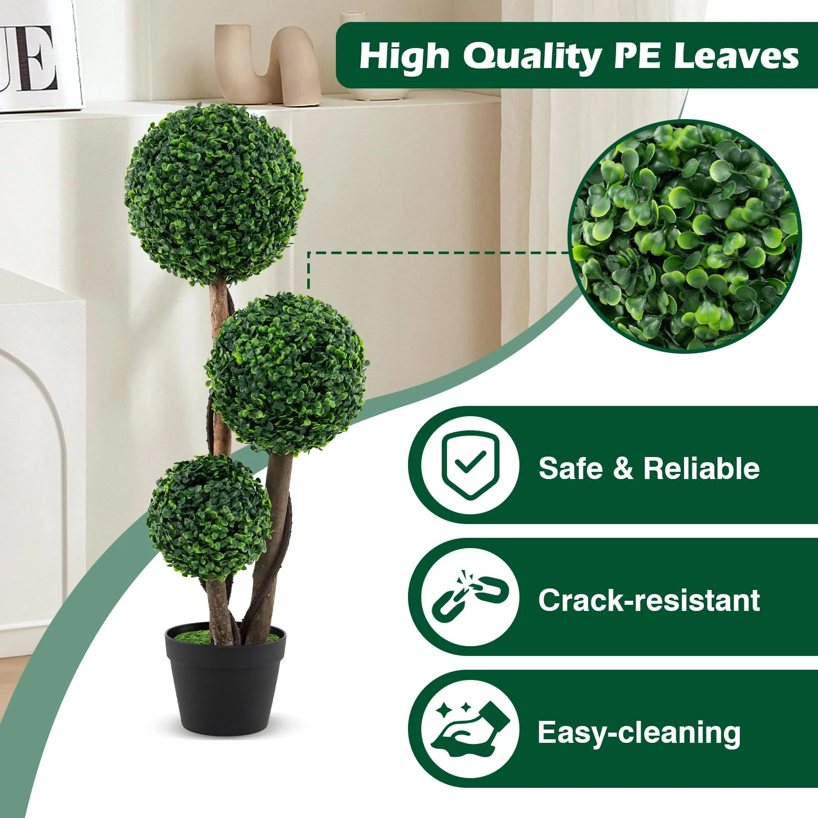 Goplus 3ft Artificial Boxwood Topiary Ball Tree, Faux Potted Plants with Solid Wood Trunks - Image 3
