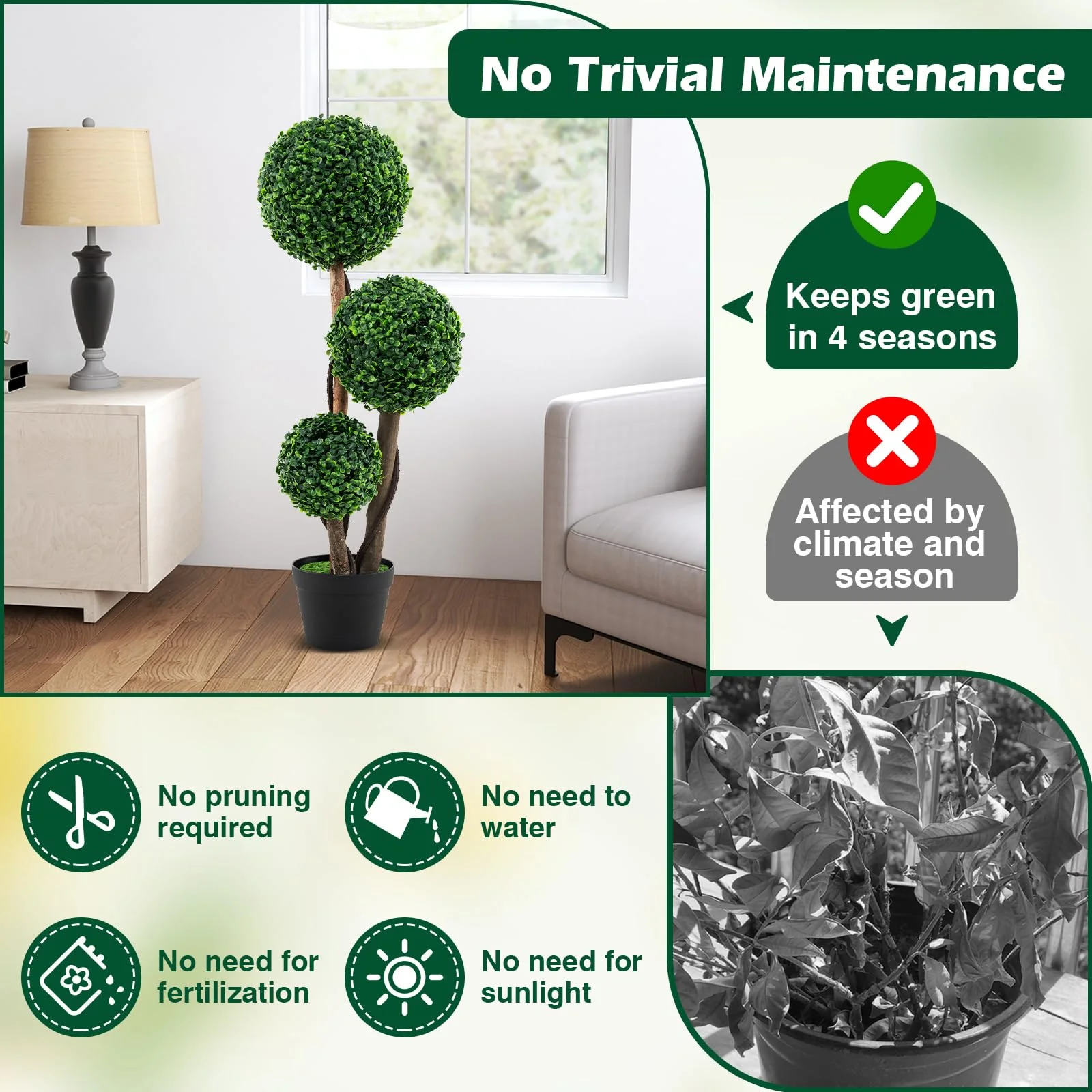 Goplus 3ft Artificial Boxwood Topiary Ball Tree, Faux Potted Plants with Solid Wood Trunks - Image 5