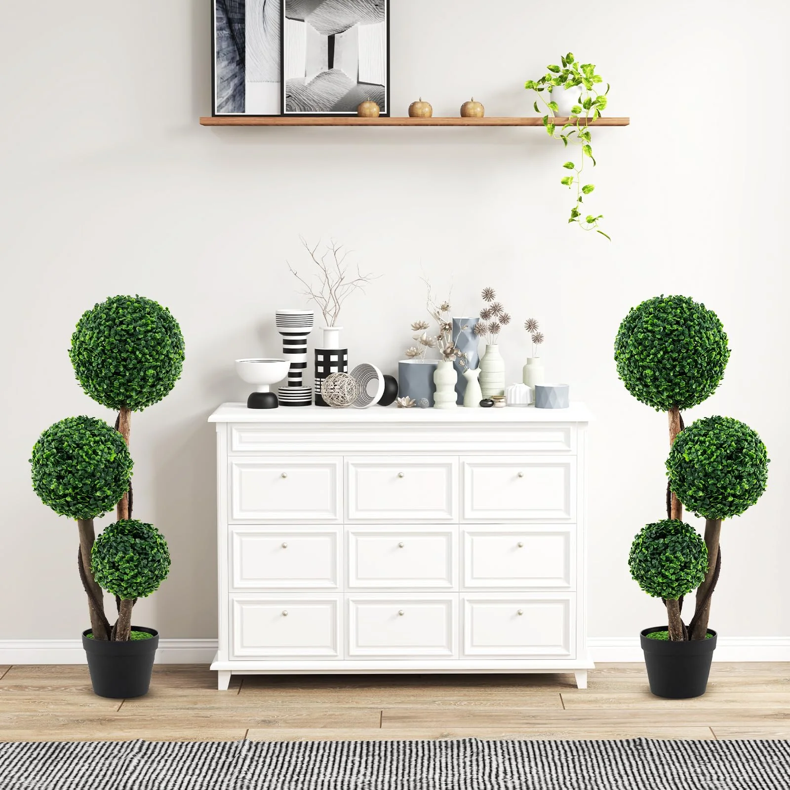 Goplus 3ft Artificial Boxwood Topiary Ball Tree, Faux Potted Plants with Solid Wood Trunks - Image 6
