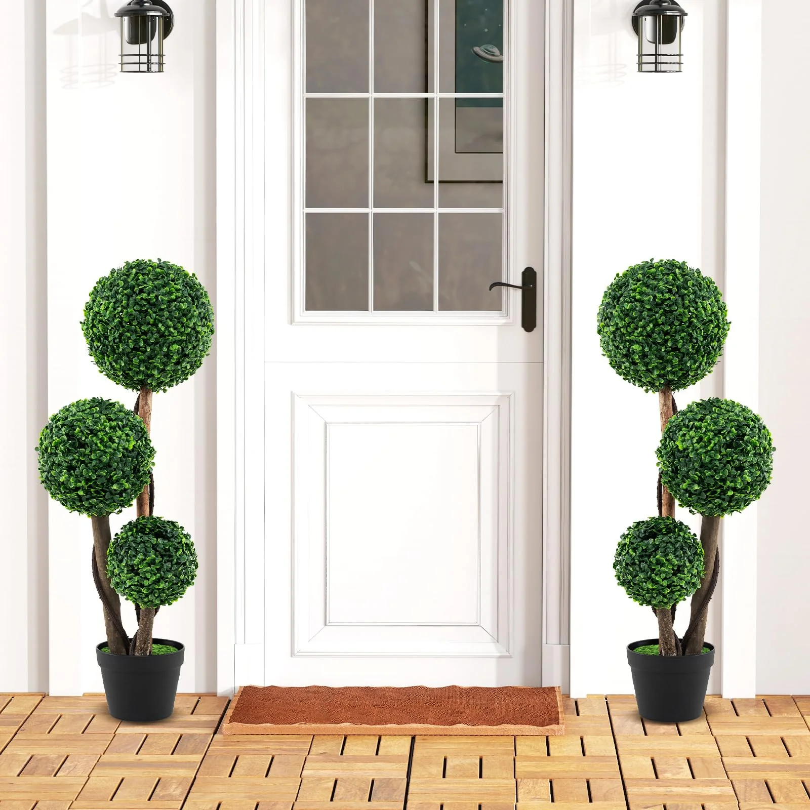 Goplus 3ft Artificial Boxwood Topiary Ball Tree, Faux Potted Plants with Solid Wood Trunks - Image 8