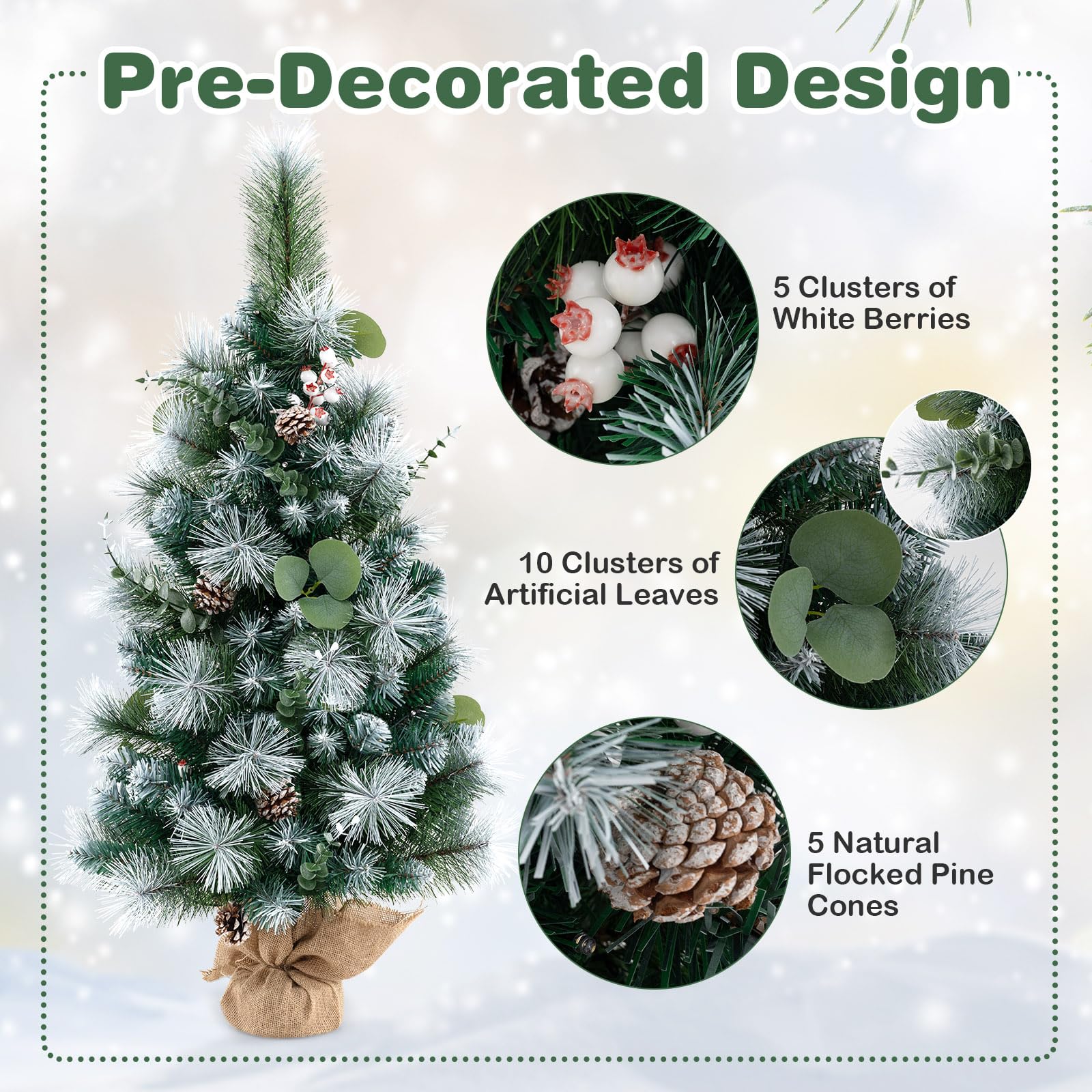Goplus 3ft Pre-Lit Mini Tabletop Christmas Tree with 30 Warm White LED Lights, Timer, 98 Flocked PVC & Pine Needles - Image 3