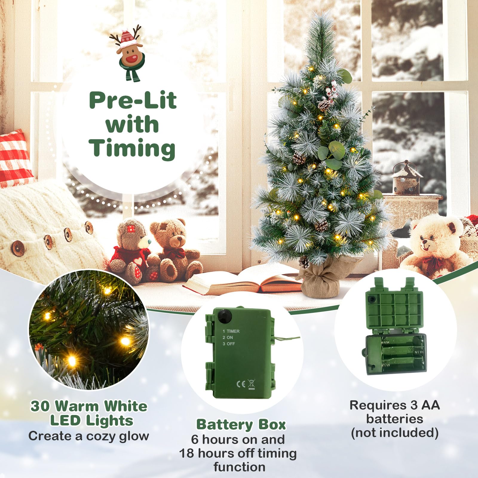 Goplus 3ft Pre-Lit Mini Tabletop Christmas Tree with 30 Warm White LED Lights, Timer, 98 Flocked PVC & Pine Needles - Image 4