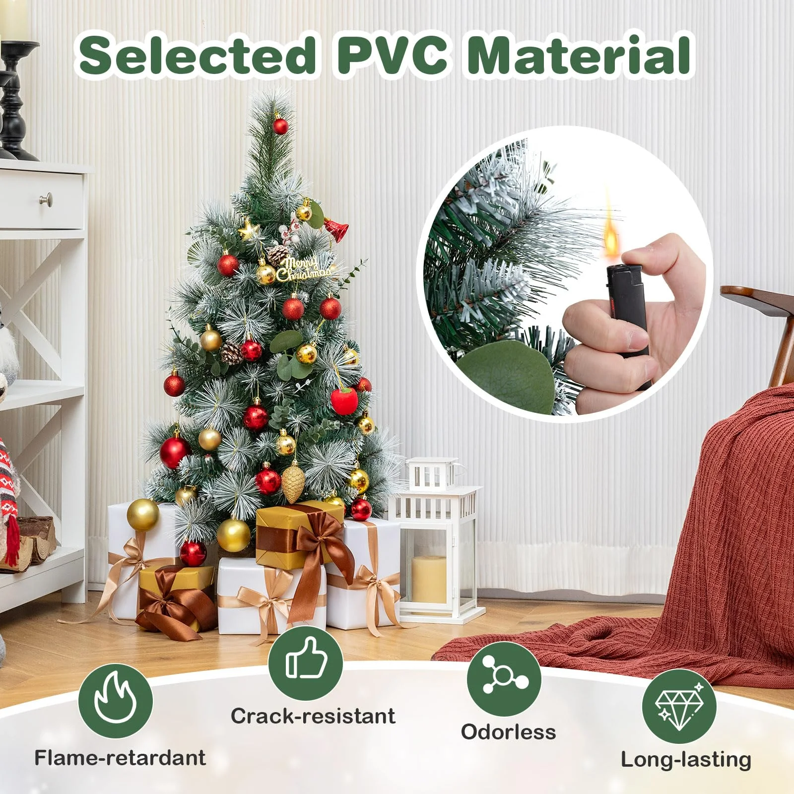 Goplus 3ft Pre-Lit Mini Tabletop Christmas Tree with 30 Warm White LED Lights, Timer, 98 Flocked PVC & Pine Needles - Image 6