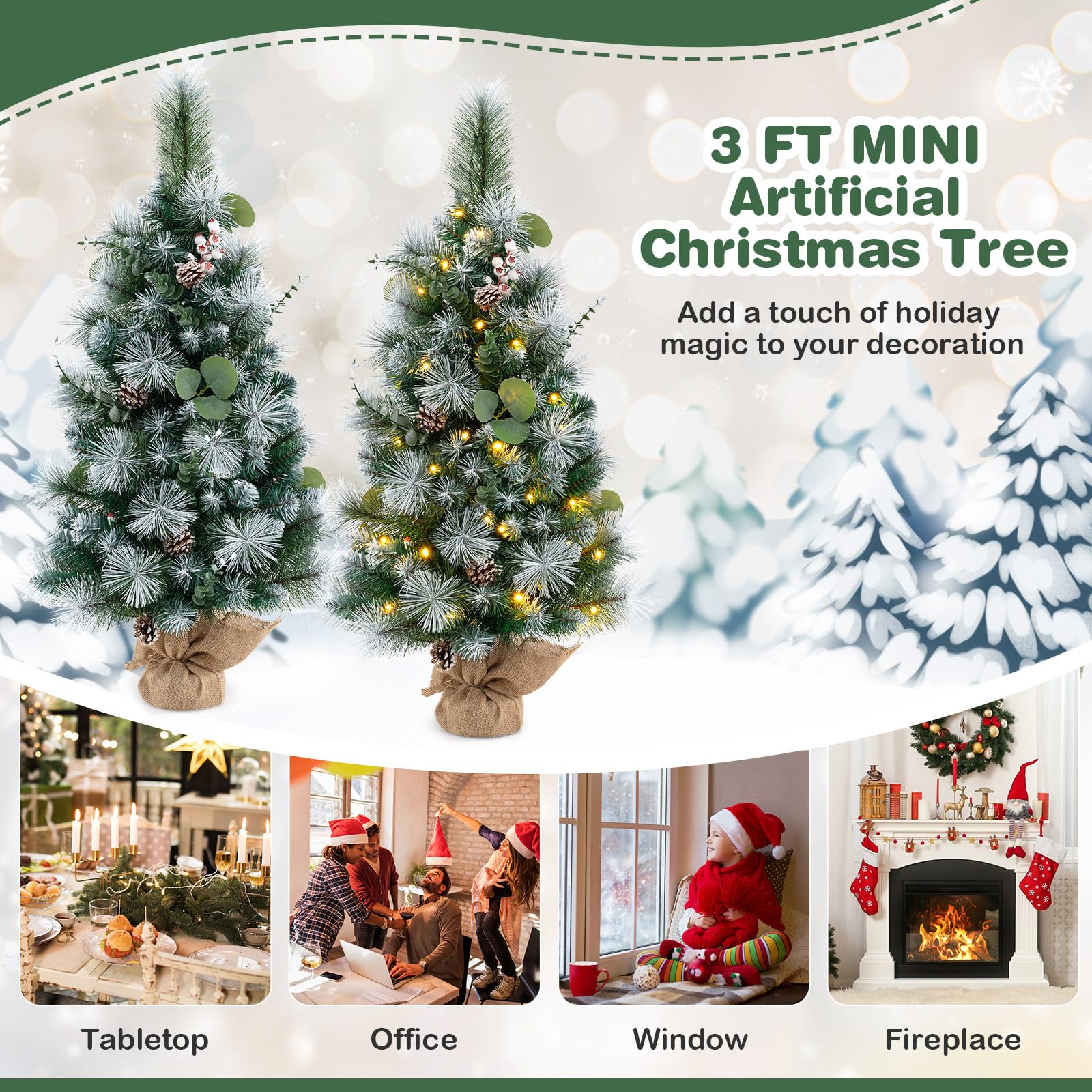 Goplus 3ft Pre-Lit Mini Tabletop Christmas Tree with 30 Warm White LED Lights, Timer, 98 Flocked PVC & Pine Needles - Image 8