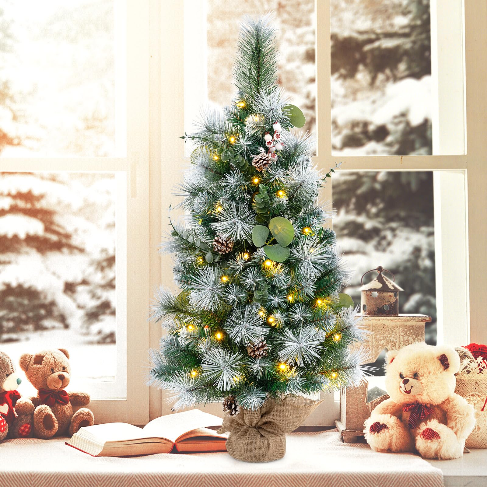 Goplus 3ft Pre-Lit Mini Tabletop Christmas Tree with 30 Warm White LED Lights, Timer, 98 Flocked PVC & Pine Needles - Image 9