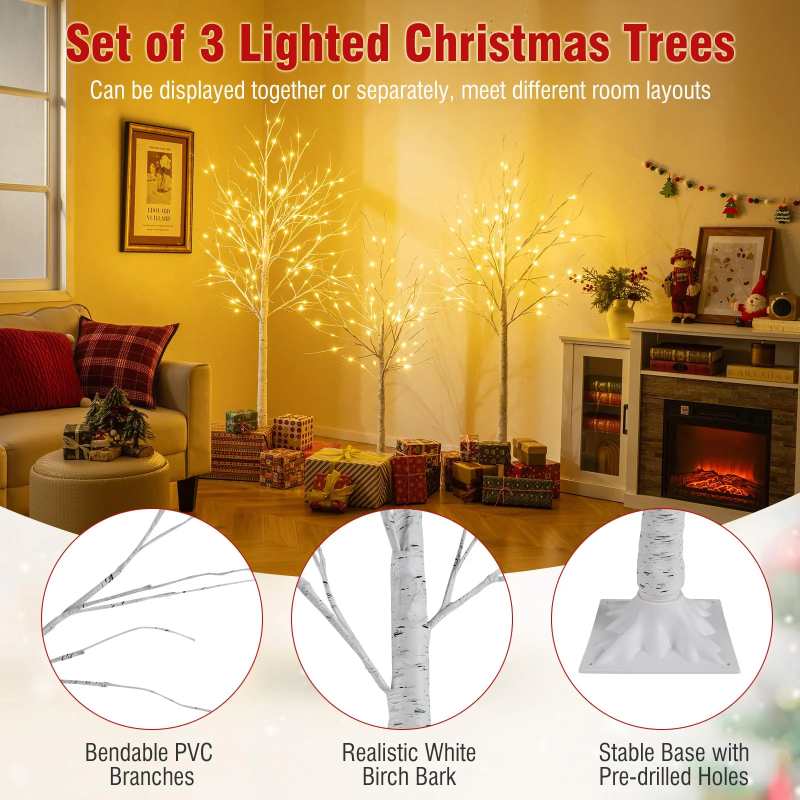 Goplus 4/5/6 FT Pre-Lit Artificial Christmas Trees with 216 Warm White LEDs ( Set of 3 ) - Image 4