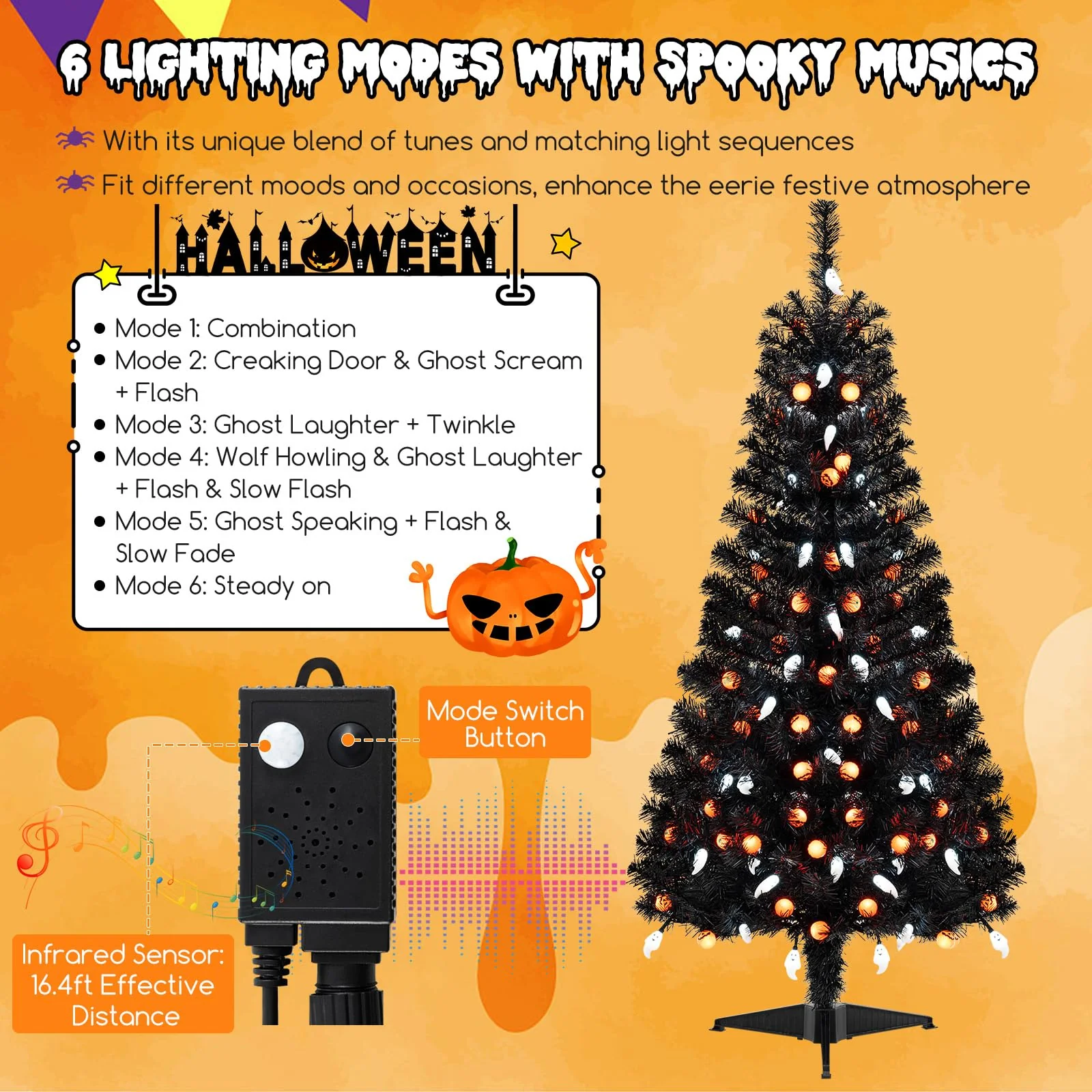 Goplus 4.5 FT Pre-Lit Halloween Tree with 6 Lighting Modes with Spooky Music Sync - Image 3