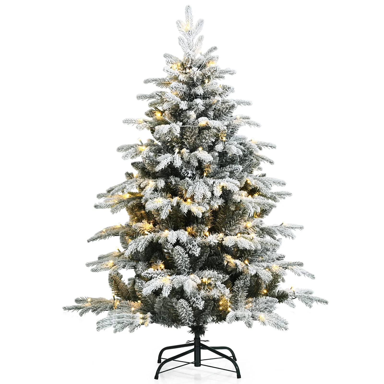 Goplus 4.5ft / 6ft / 7ft Pre-lit Snow Flocked Christmas Tree, Premium Hinged Artificial Pine Tree w/ 120 LED Lights & 757 PE & PVC Branch Tips