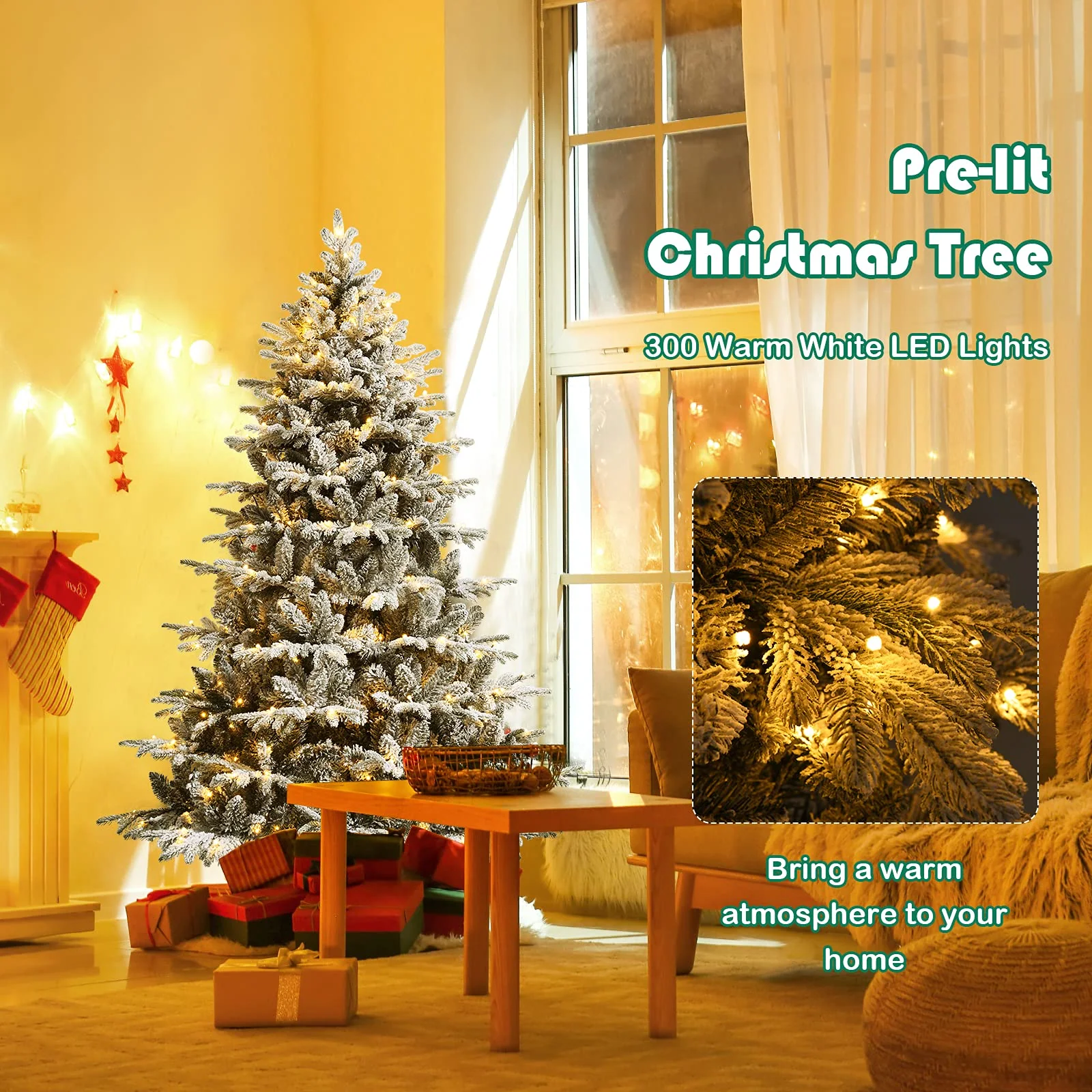 Goplus 4.5ft / 6ft / 7ft Pre-lit Snow Flocked Christmas Tree, Premium Hinged Artificial Pine Tree w/ 120 LED Lights & 757 PE & PVC Branch Tips - Image 3