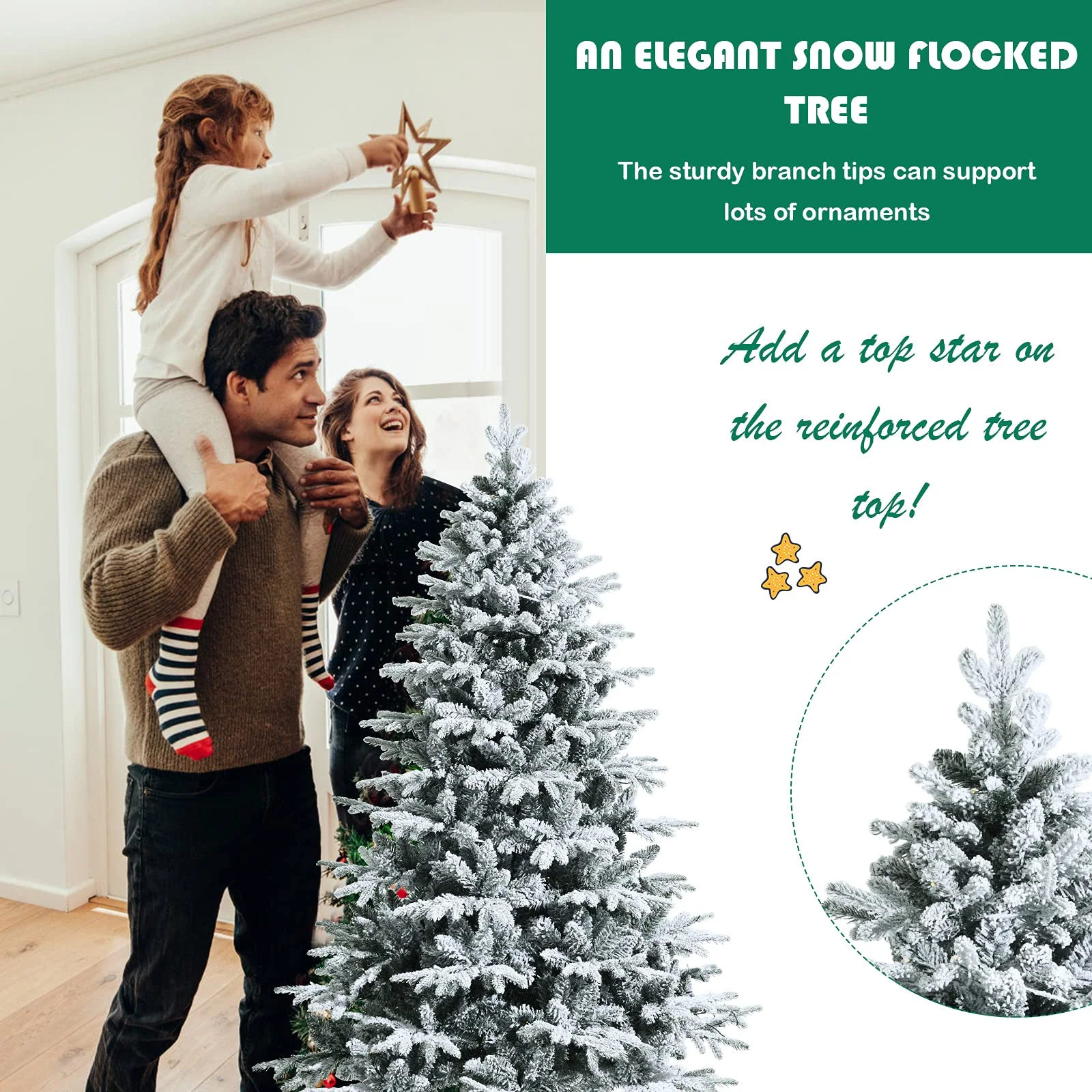 Goplus 4.5ft / 6ft / 7ft Pre-lit Snow Flocked Christmas Tree, Premium Hinged Artificial Pine Tree w/ 120 LED Lights & 757 PE & PVC Branch Tips - Image 4