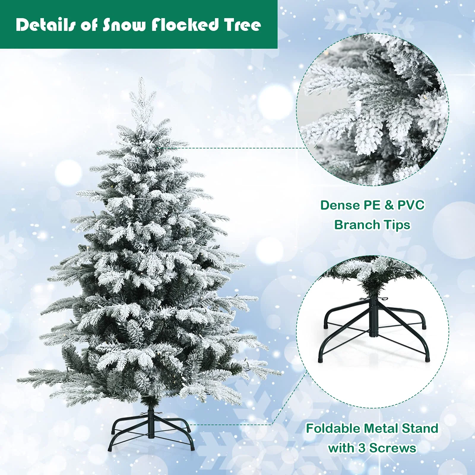 Goplus 4.5ft / 6ft / 7ft Pre-lit Snow Flocked Christmas Tree, Premium Hinged Artificial Pine Tree w/ 120 LED Lights & 757 PE & PVC Branch Tips - Image 6