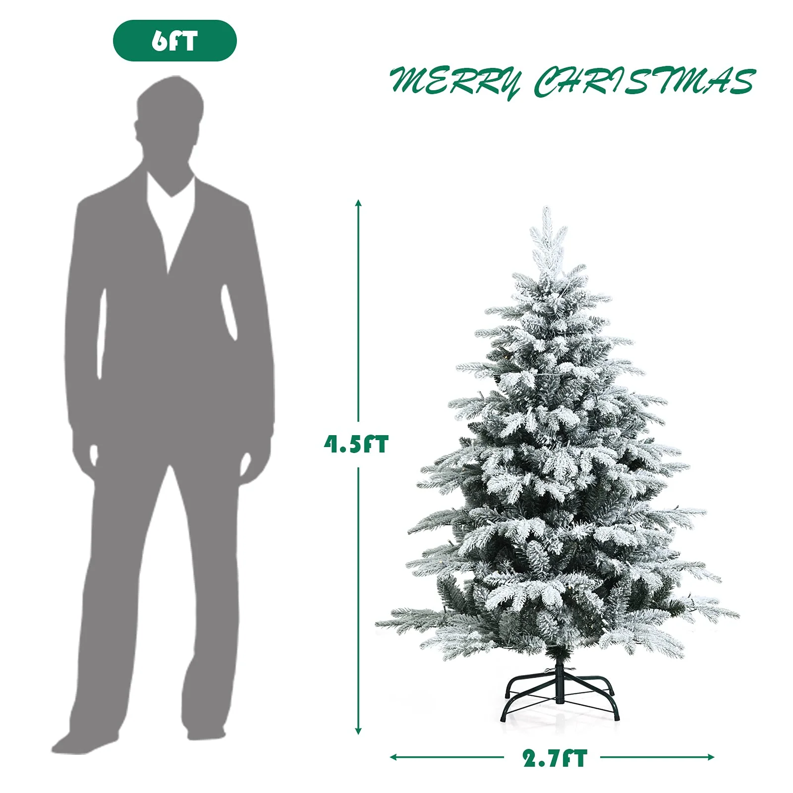 Goplus 4.5ft / 6ft / 7ft Pre-lit Snow Flocked Christmas Tree, Premium Hinged Artificial Pine Tree w/ 120 LED Lights & 757 PE & PVC Branch Tips - Image 7