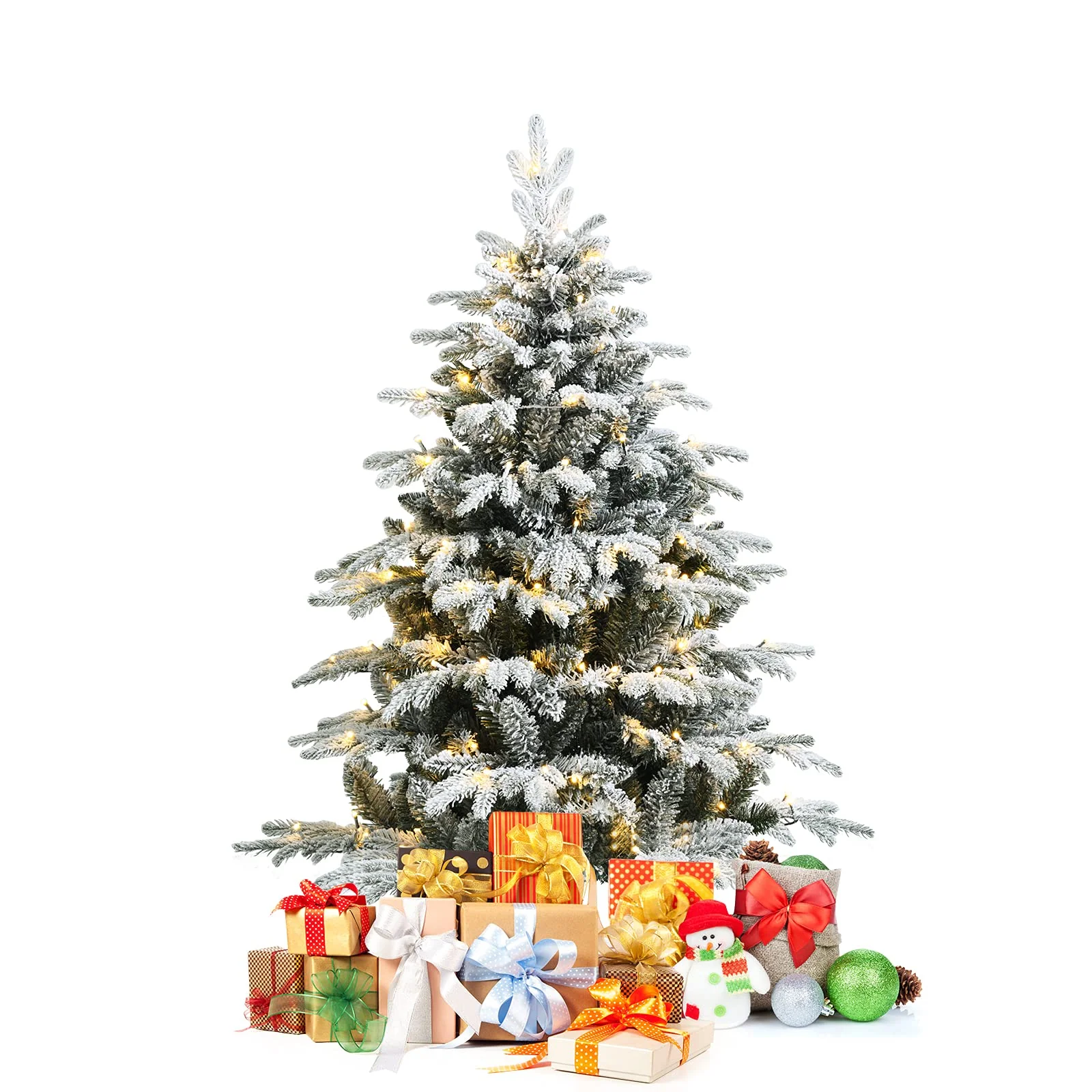 Goplus 4.5ft / 6ft / 7ft Pre-lit Snow Flocked Christmas Tree, Premium Hinged Artificial Pine Tree w/ 120 LED Lights & 757 PE & PVC Branch Tips - Image 8
