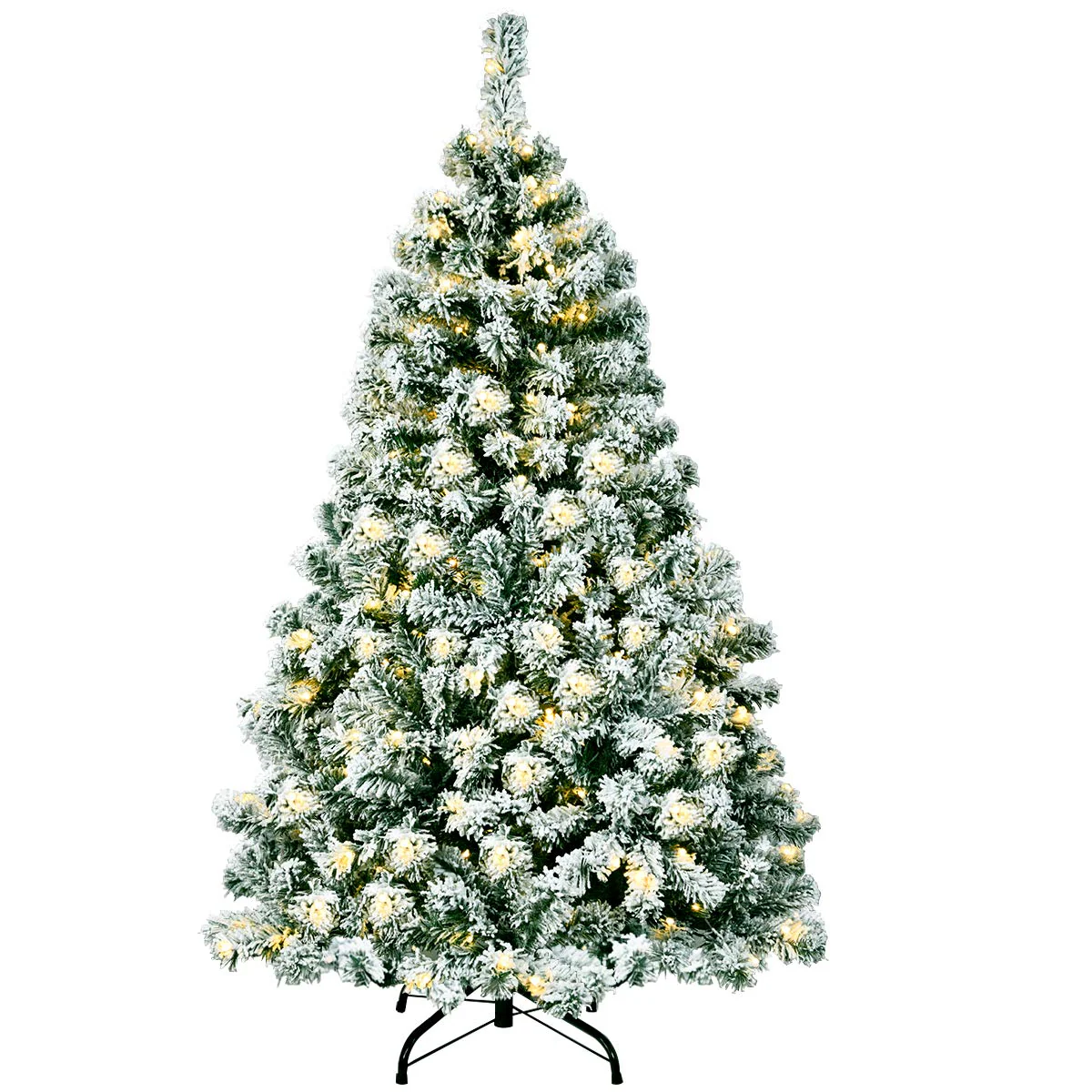 Goplus 4.5ft / 6 ft / 7.5ft Artificial Snow Flocked Christmas Tree, Pre-Lit Snowy Hinged Xmas Tree with Led Lights and Metal Stand