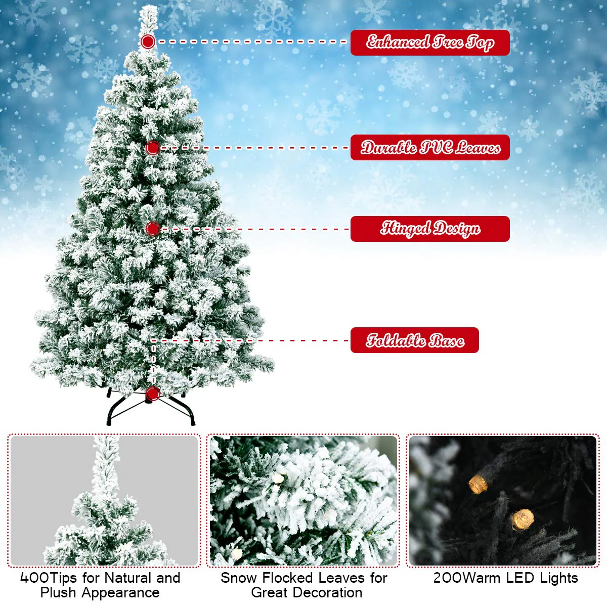 Goplus 4.5ft / 6 ft / 7.5ft Artificial Snow Flocked Christmas Tree, Pre-Lit Snowy Hinged Xmas Tree with Led Lights and Metal Stand - Image 4