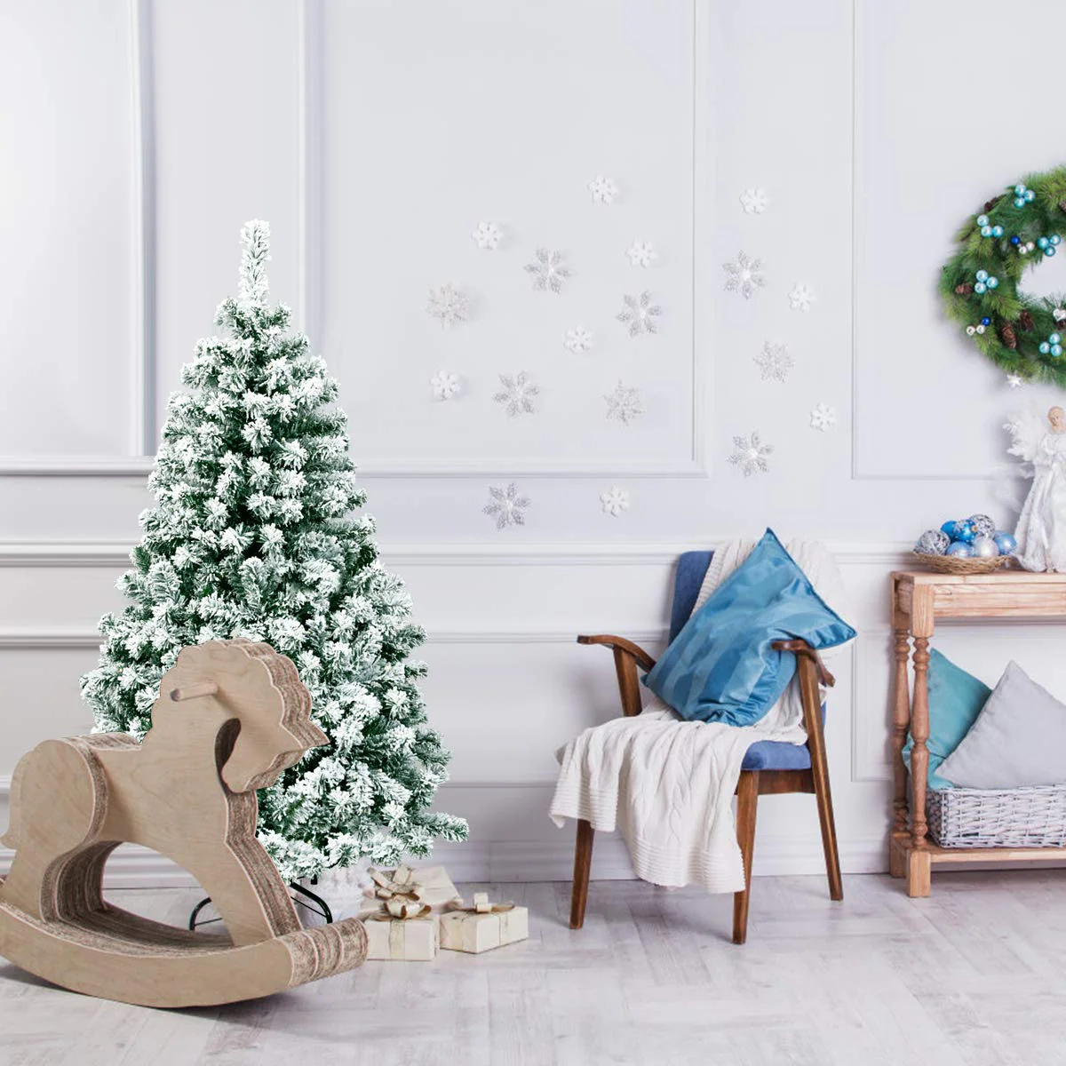 Goplus 4.5ft / 6 ft / 7.5ft Artificial Snow Flocked Christmas Tree, Pre-Lit Snowy Hinged Xmas Tree with Led Lights and Metal Stand - Image 8