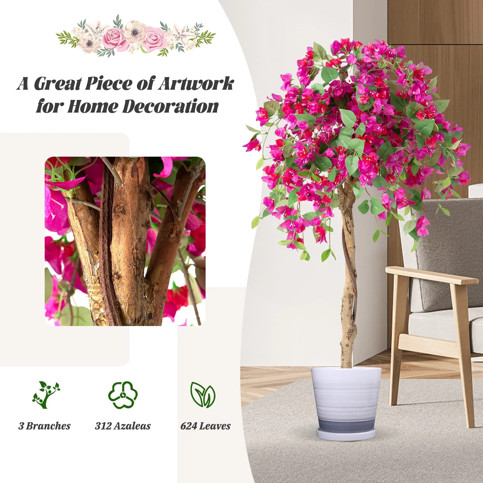 Goplus 4.5FT Bougainvillea Artificial Tree, Fake Potted Plant w/ 312 Flowers - Image 3