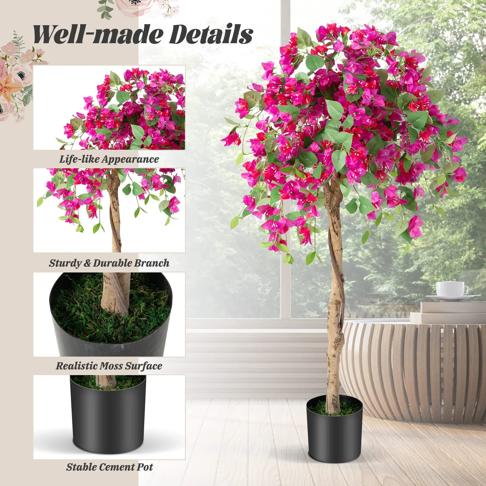 Goplus 4.5FT Bougainvillea Artificial Tree, Fake Potted Plant w/ 312 Flowers - Image 4