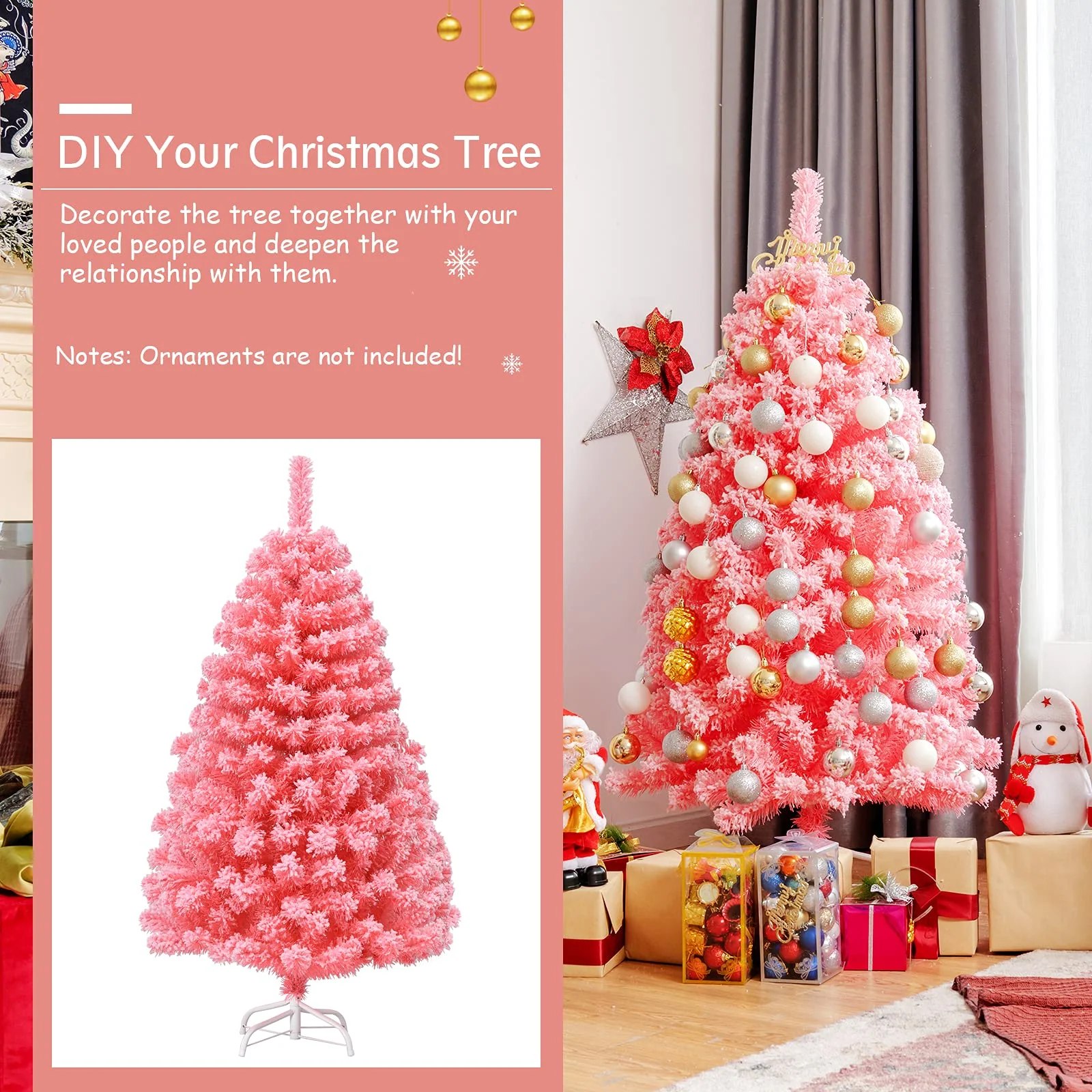 Goplus 4.5ft Pink Artificial Christmas Tree, Unlit Hinged Snow Flocked Xmas Tree w/ 348 PVC Branch Tips & Metal Stand - Image 3