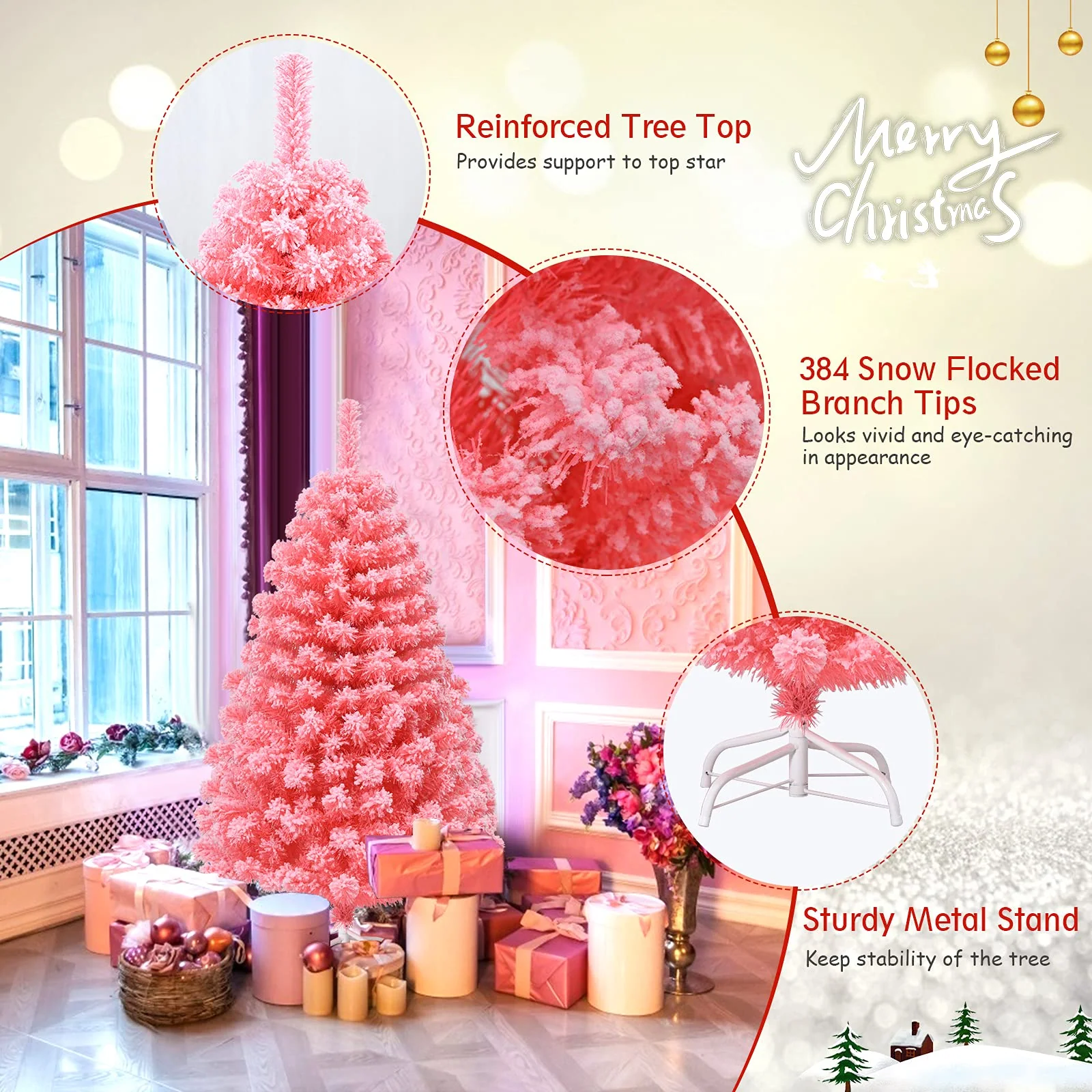 Goplus 4.5ft Pink Artificial Christmas Tree, Unlit Hinged Snow Flocked Xmas Tree w/ 348 PVC Branch Tips & Metal Stand - Image 4