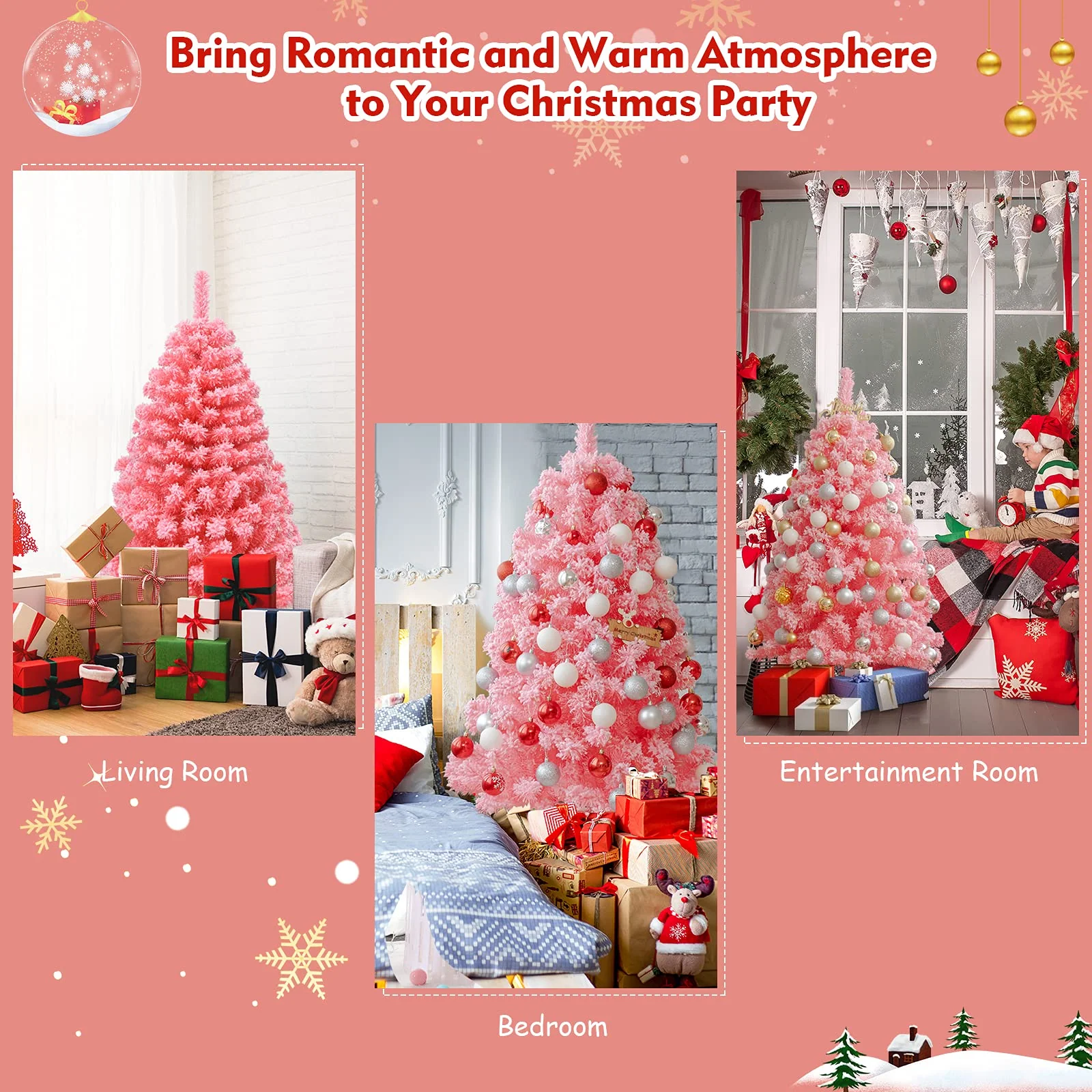 Goplus 4.5ft Pink Artificial Christmas Tree, Unlit Hinged Snow Flocked Xmas Tree w/ 348 PVC Branch Tips & Metal Stand - Image 5