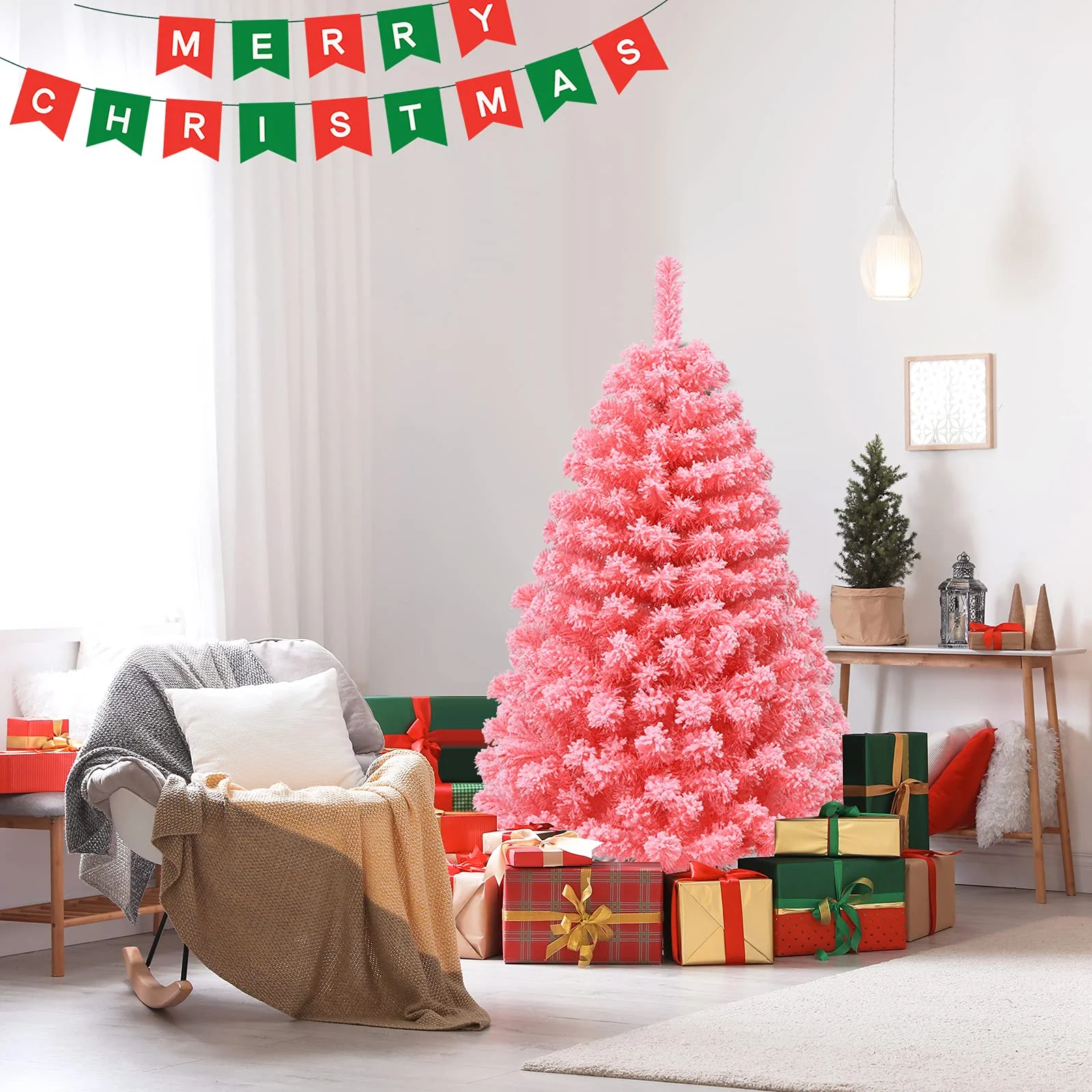 Goplus 4.5ft Pink Artificial Christmas Tree, Unlit Hinged Snow Flocked Xmas Tree w/ 348 PVC Branch Tips & Metal Stand - Image 7