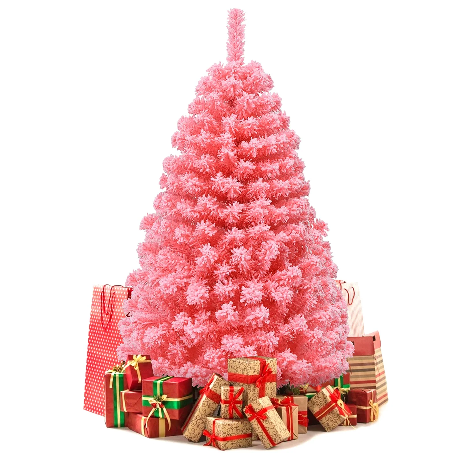 Goplus 4.5ft Pink Artificial Christmas Tree, Unlit Hinged Snow Flocked Xmas Tree w/ 348 PVC Branch Tips & Metal Stand - Image 9