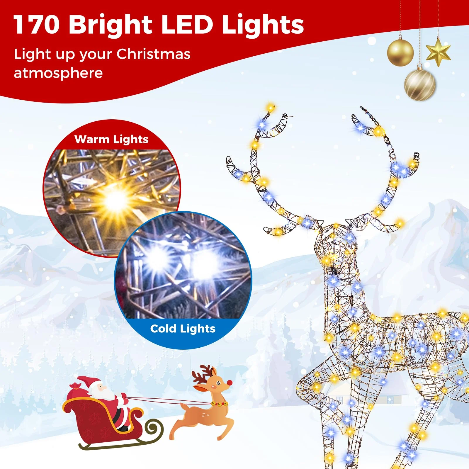 Goplus 4.6 FT Pre-Lit Christmas Reindeer, 3D Buck Decoration with 300 Bright LED Lights - Image 3
