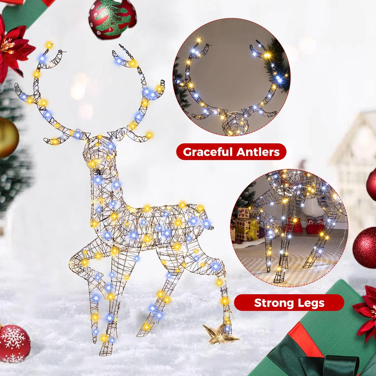 Goplus 4.6 FT Pre-Lit Christmas Reindeer, 3D Buck Decoration with 300 Bright LED Lights - Image 5