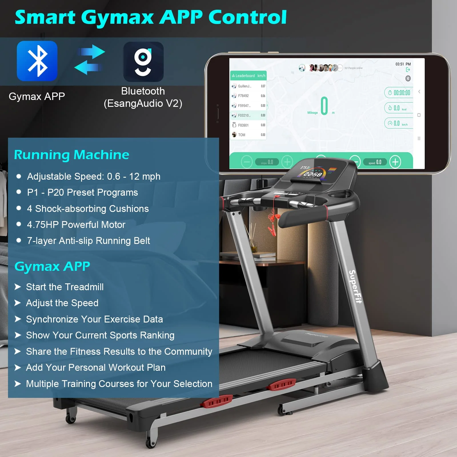 Goplus 4.75HP Folding Treadmill for Home Gym, Commercial Heavy Duty Superfit Treadmill with 15% Auto Incline - Image 5