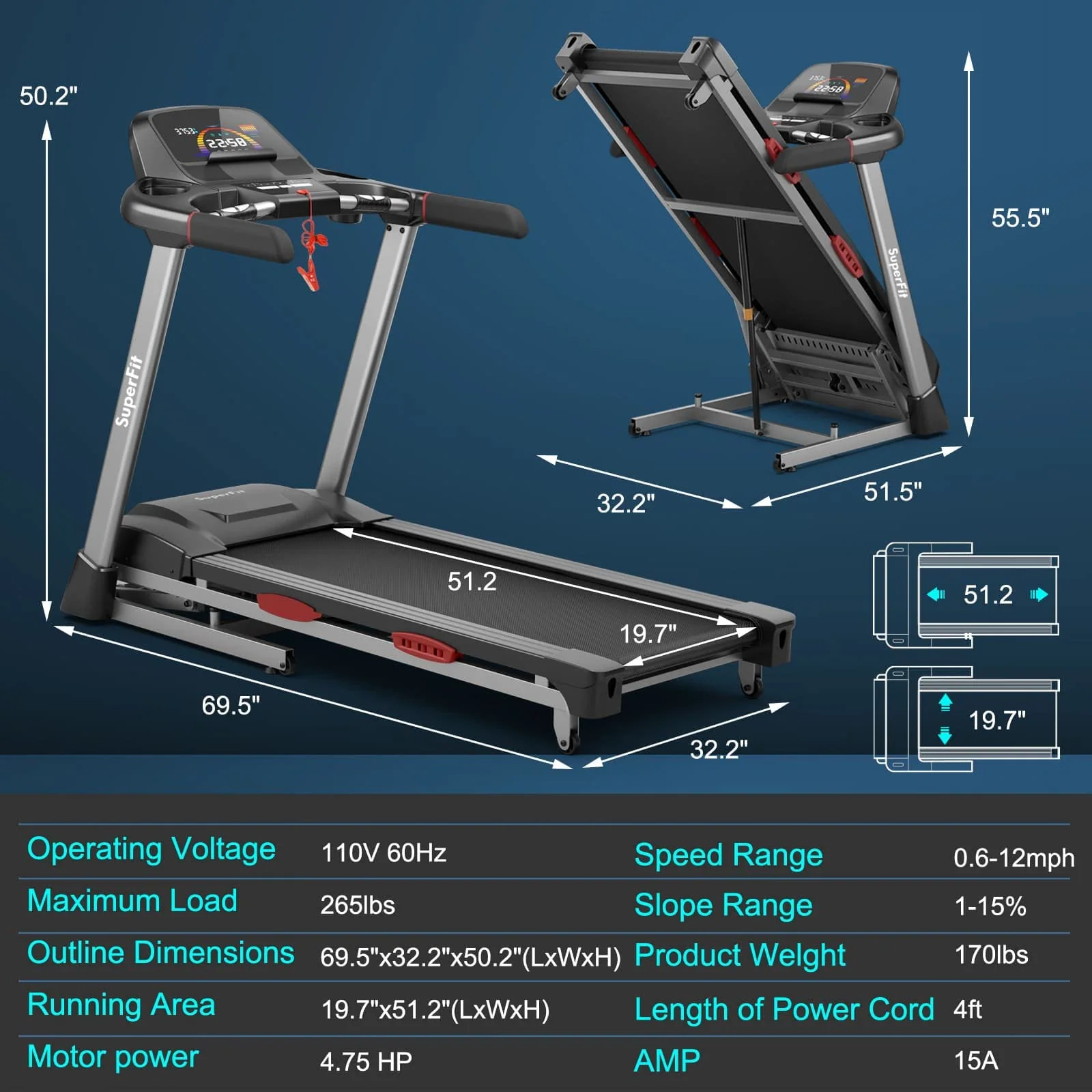 Goplus 4.75HP Folding Treadmill for Home Gym, Commercial Heavy Duty Superfit Treadmill with 15% Auto Incline - Image 8