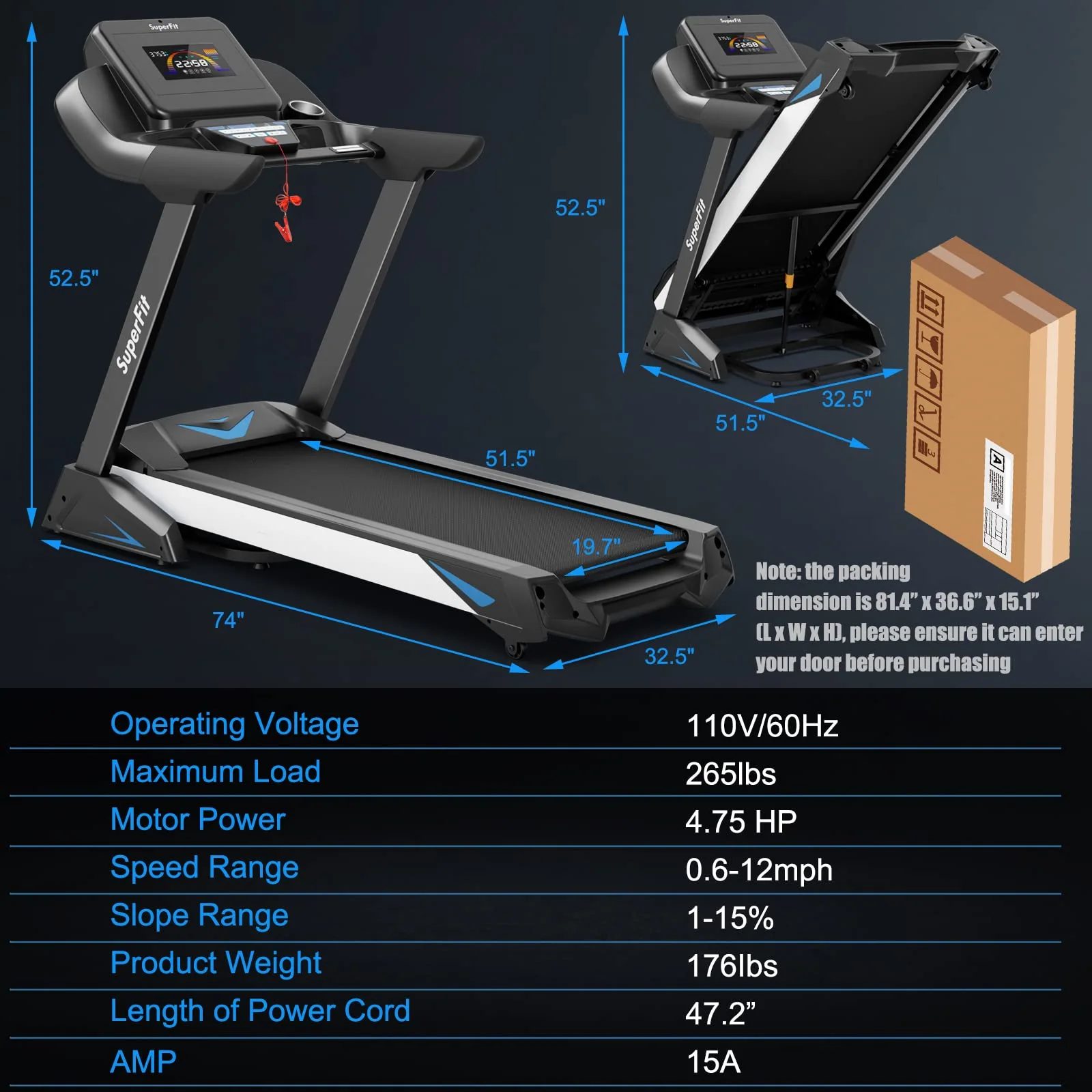 Goplus 4.75HP Folding Treadmill with 15% Auto Incline and APP, Commercial Heavy Duty Superfit Treadmill with 20 Preset Programs - Image 9