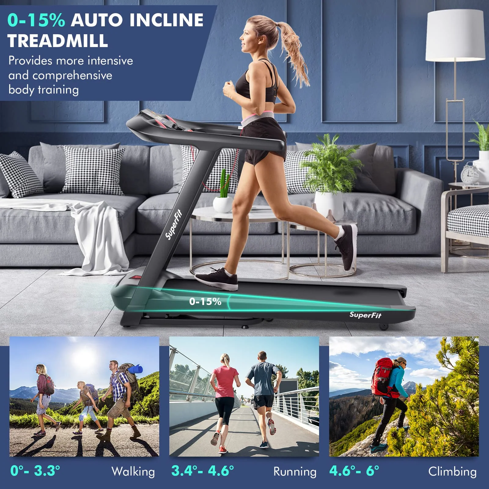 Goplus 4.75HP Folding Treadmill with 15% Auto Incline, Electric Superfit Treadmill w/Voice and APP Control - Image 2