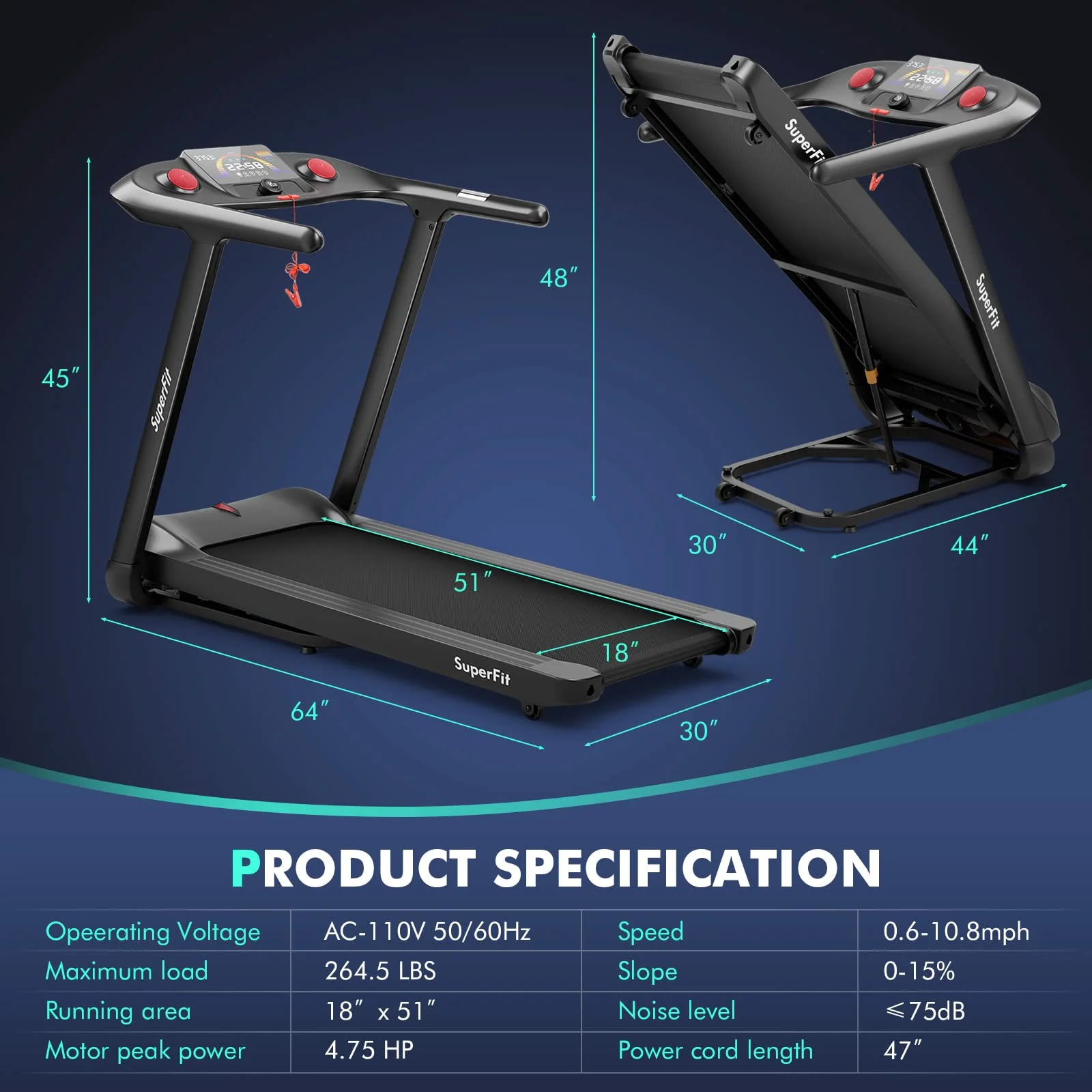 Goplus 4.75HP Folding Treadmill with 15% Auto Incline, Electric Superfit Treadmill w/Voice and APP Control - Image 9