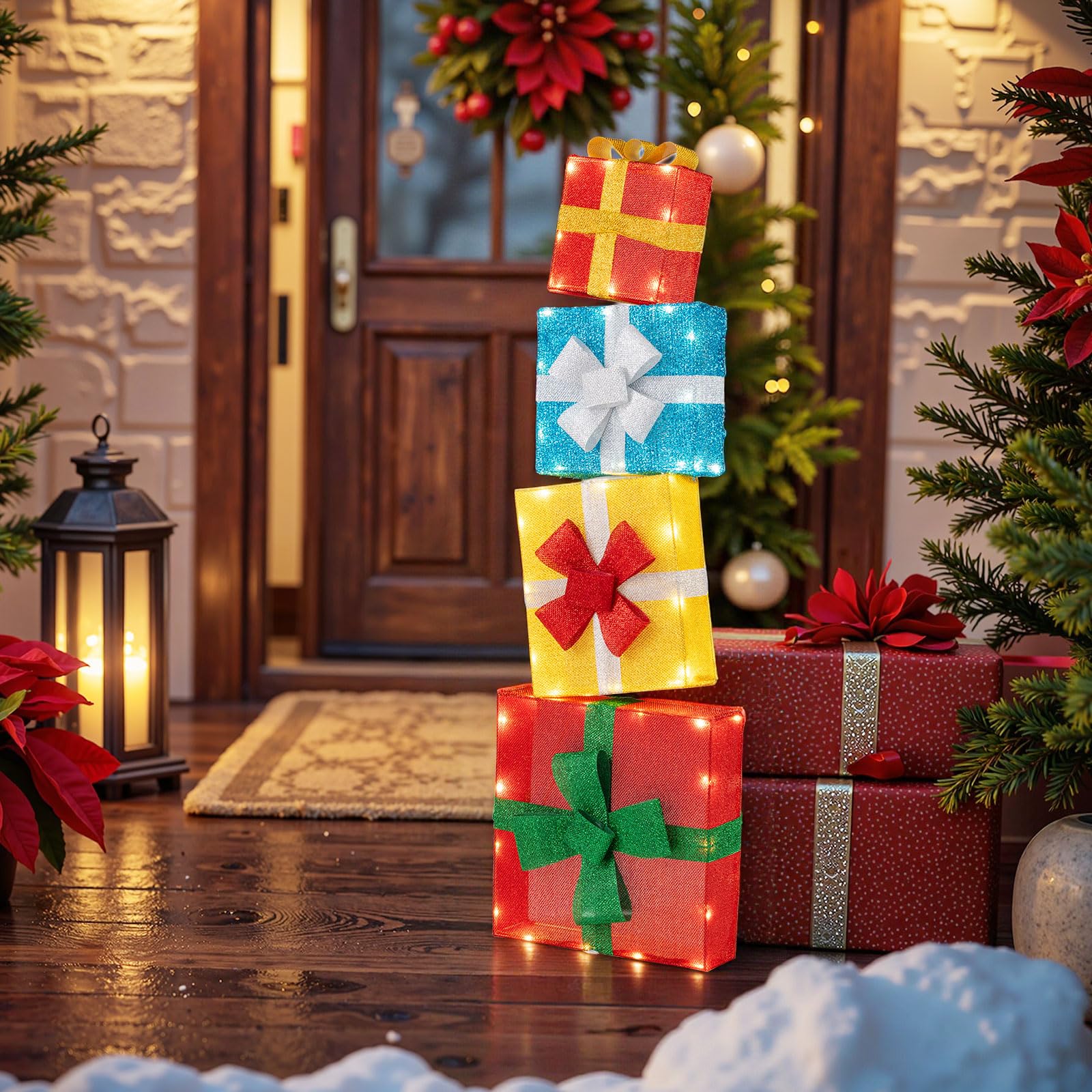 Goplus 4 Ft Lighted Gift Boxes Stackable, Pre-lit Xmas Boxes Decoration w/LED Lights