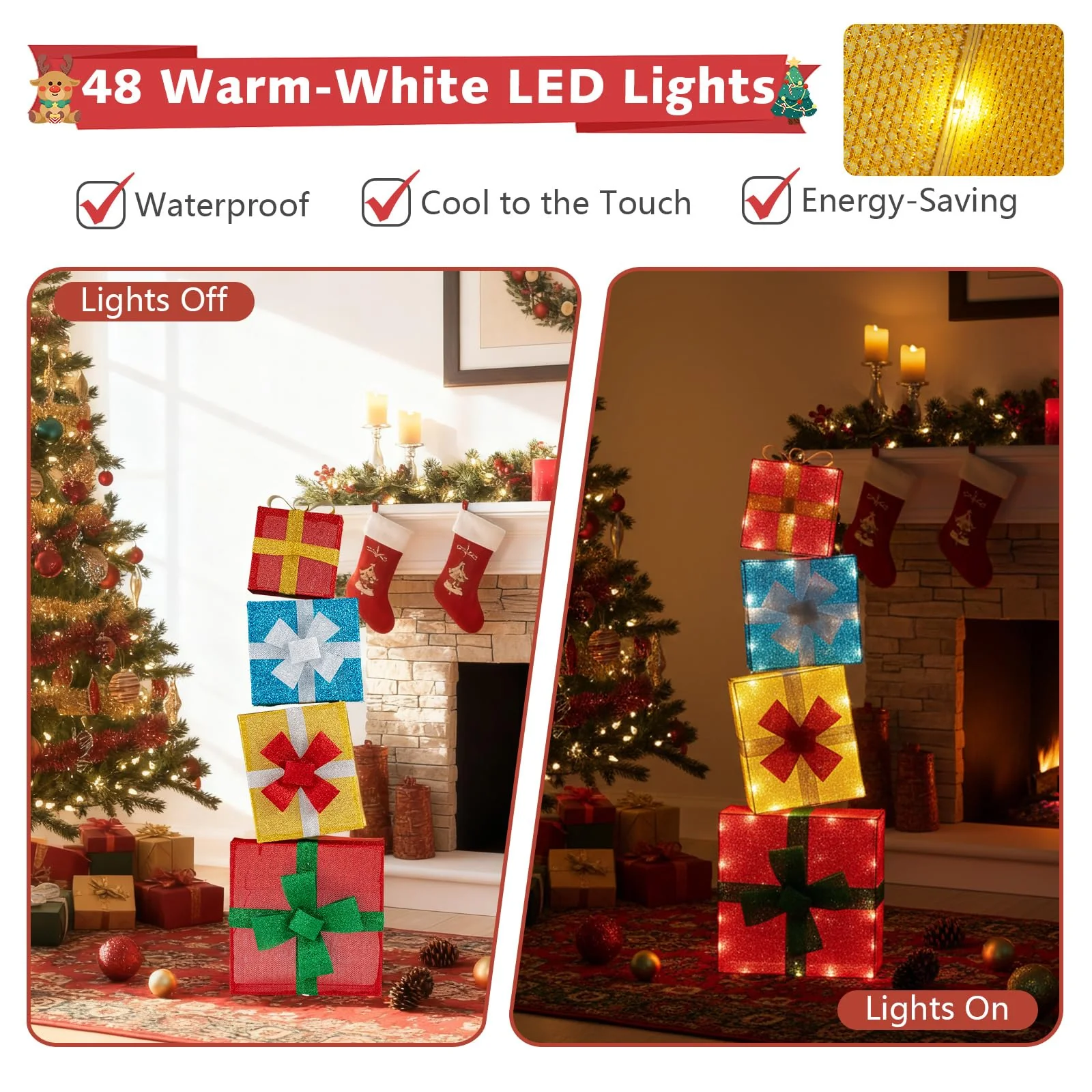 Goplus 4 Ft Lighted Gift Boxes Stackable, Pre-lit Xmas Boxes Decoration w/LED Lights - Image 2