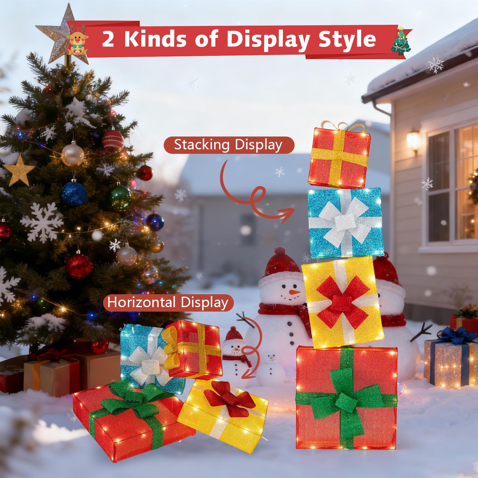 Goplus 4 Ft Lighted Gift Boxes Stackable, Pre-lit Xmas Boxes Decoration w/LED Lights - Image 3
