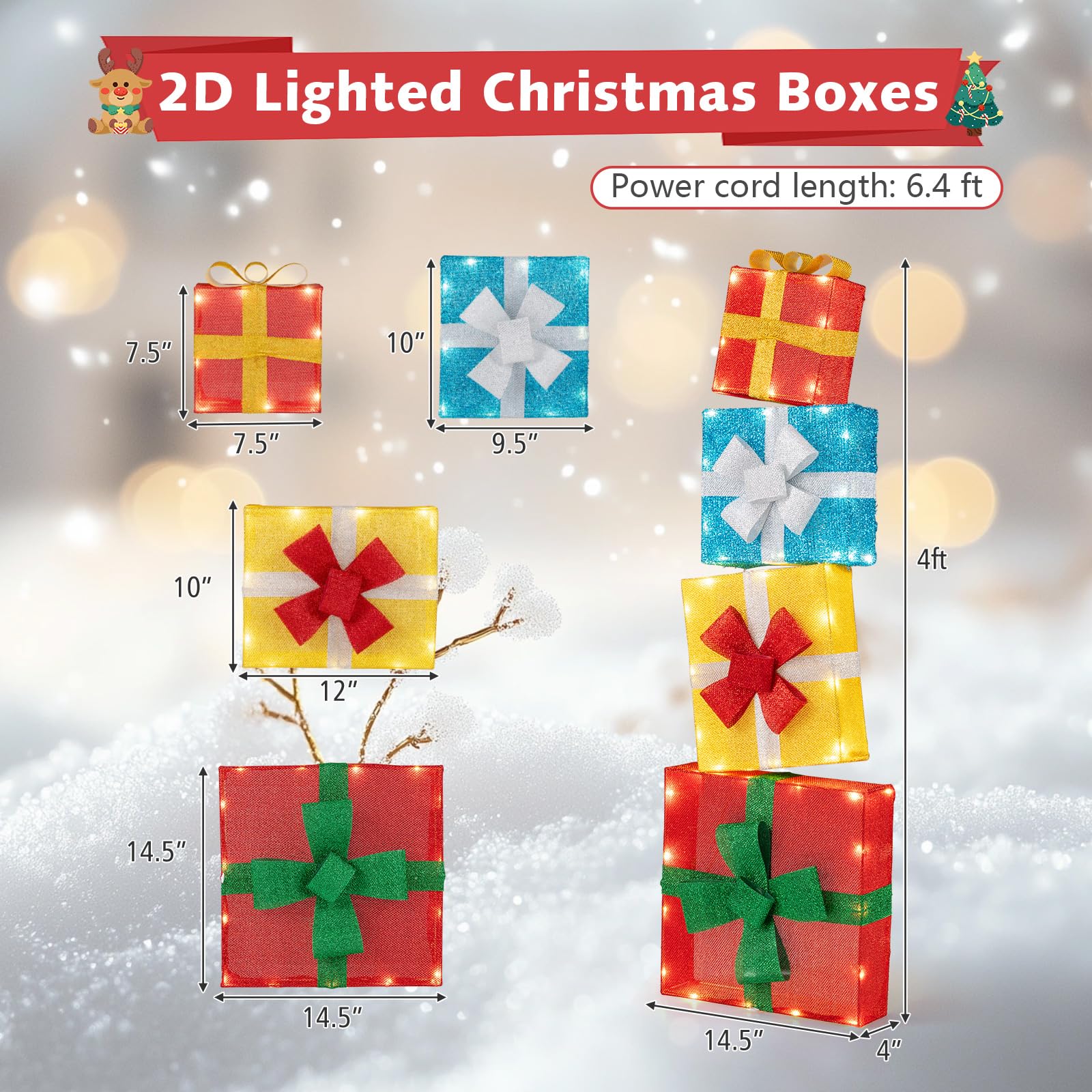 Goplus 4 Ft Lighted Gift Boxes Stackable, Pre-lit Xmas Boxes Decoration w/LED Lights - Image 4