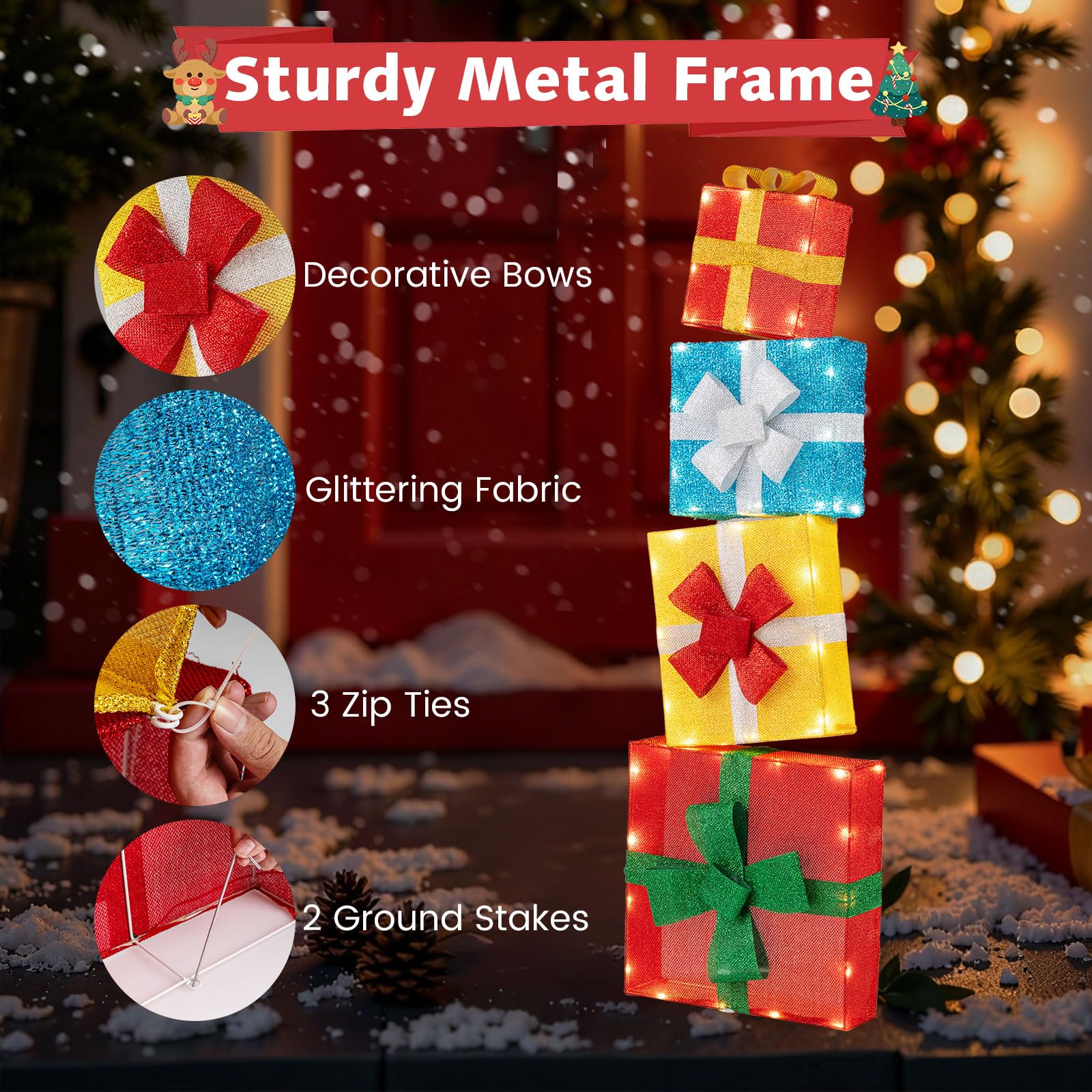 Goplus 4 Ft Lighted Gift Boxes Stackable, Pre-lit Xmas Boxes Decoration w/LED Lights - Image 5