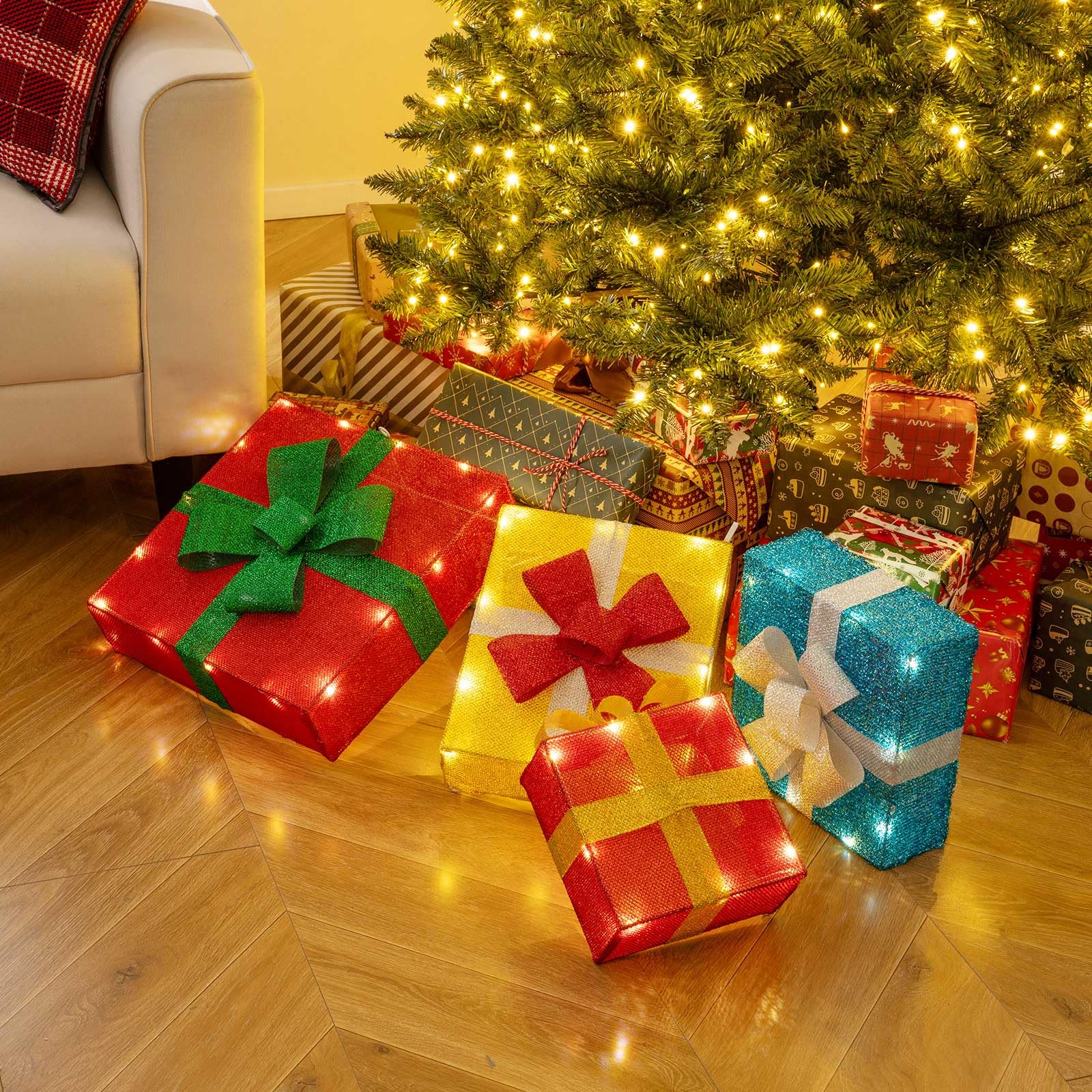 Goplus 4 Ft Lighted Gift Boxes Stackable, Pre-lit Xmas Boxes Decoration w/LED Lights - Image 6