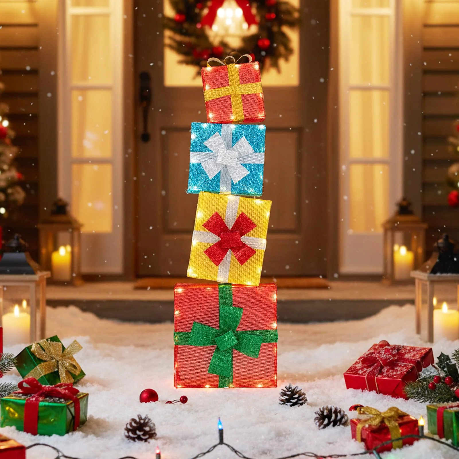 Goplus 4 Ft Lighted Gift Boxes Stackable, Pre-lit Xmas Boxes Decoration w/LED Lights - Image 7