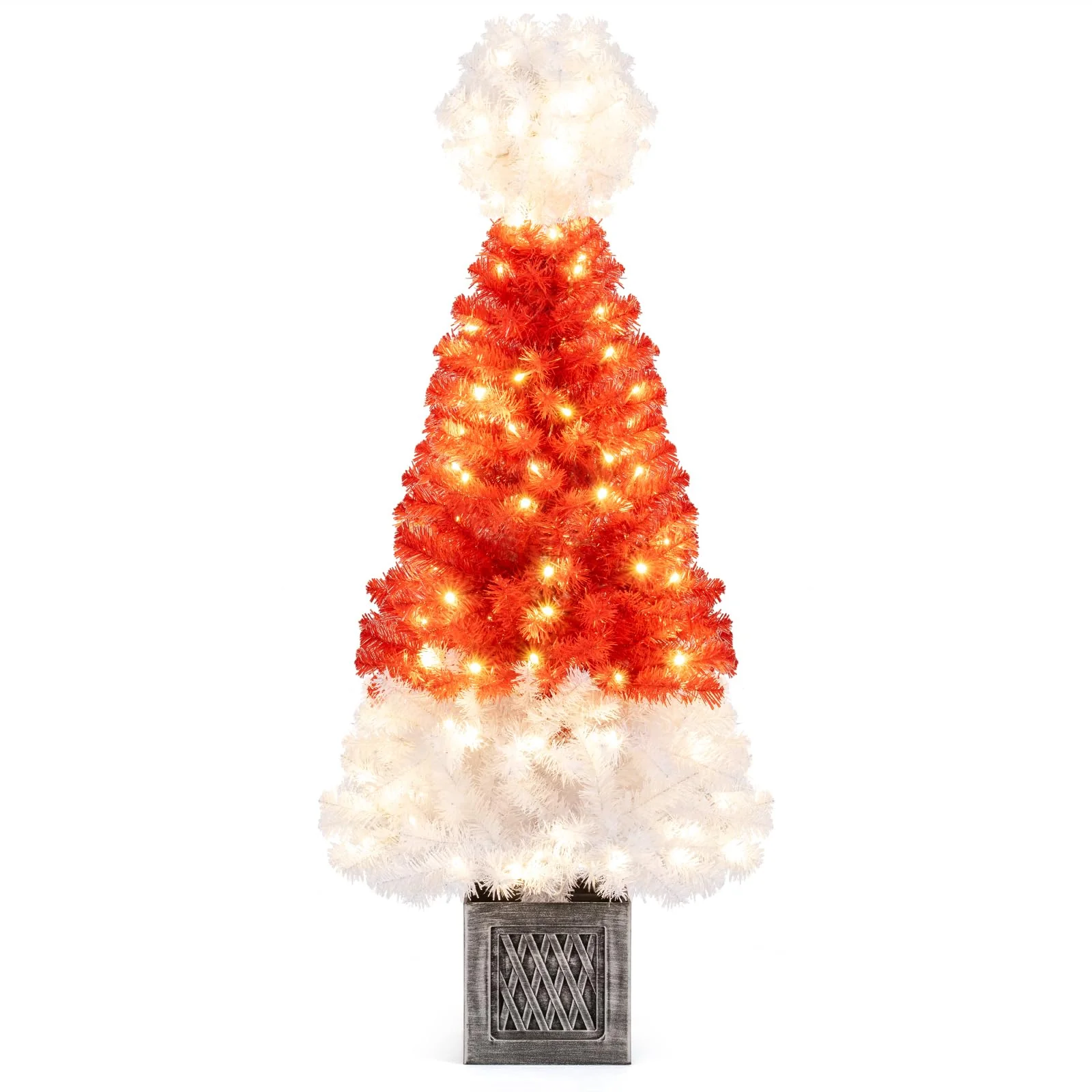 Goplus 4 FT Pre-Lit Christmas Tree for Entrances, Artificial Potted Santa Hat Xmas Tree with 300 Branch Tips